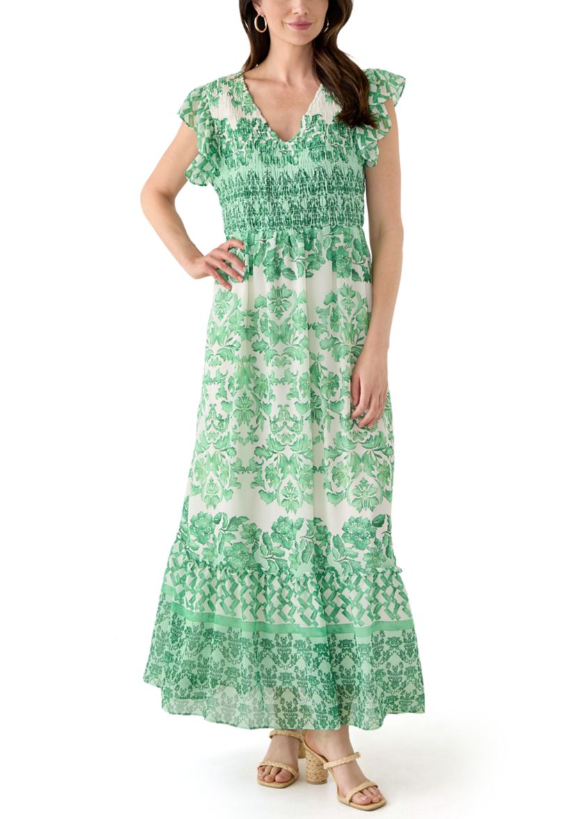 Womens Flutter Sleeve Floral Smock Dress