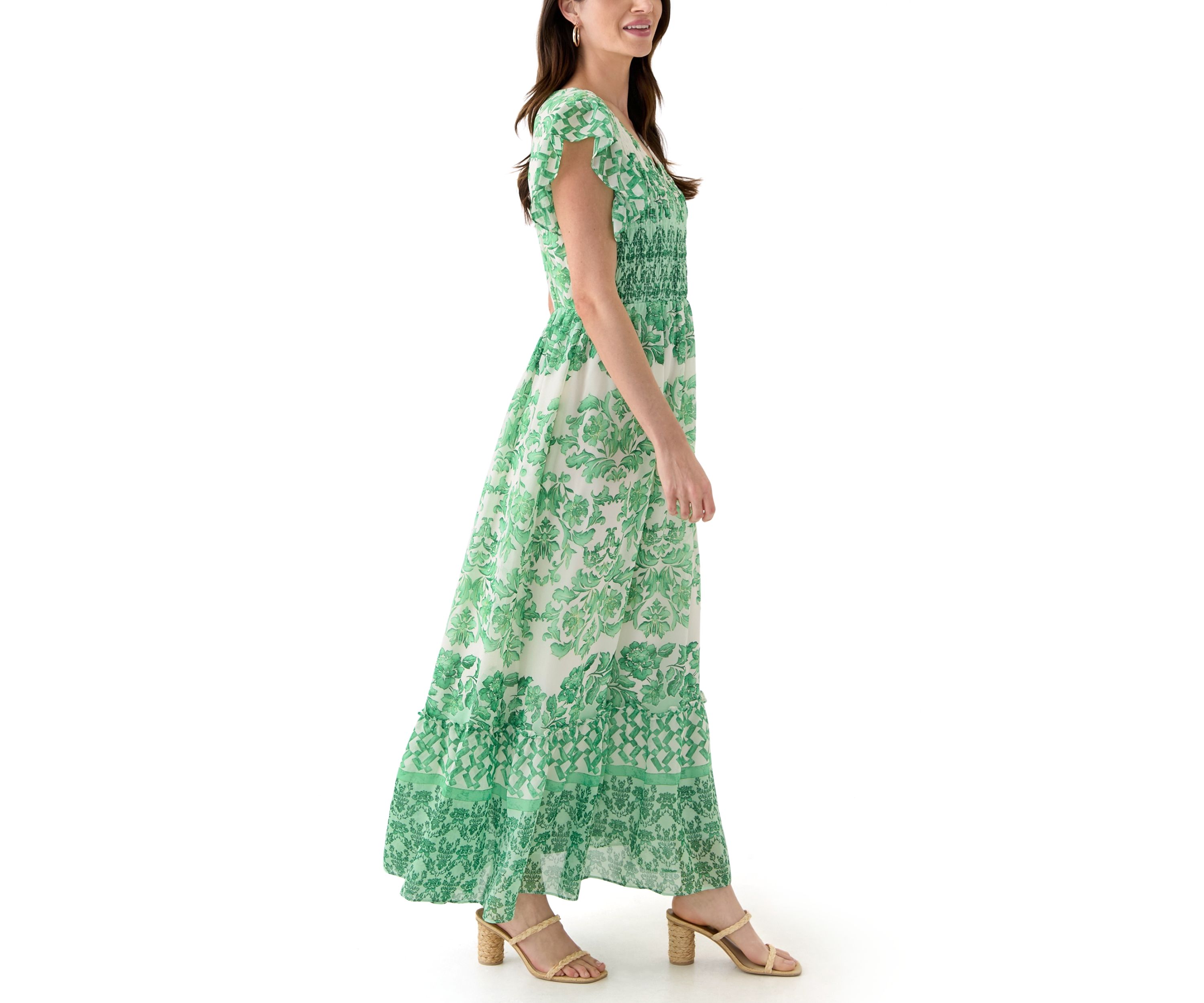 Womens Flutter Sleeve Floral Smock Dress