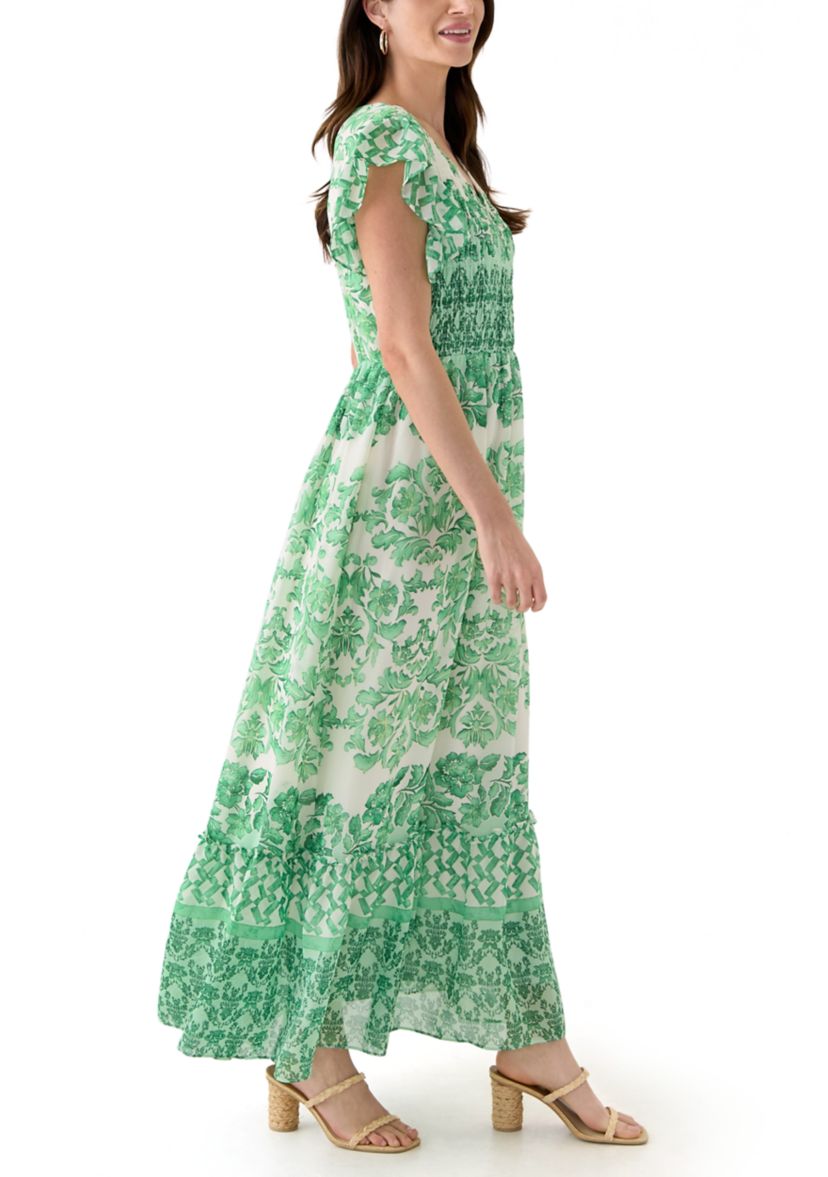 Womens Flutter Sleeve Floral Smock Dress