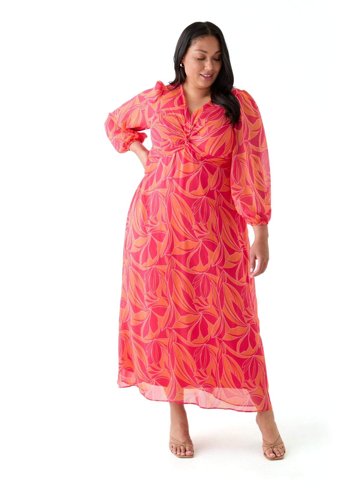 Plus Size Blouson Sleeve V-Neck Printed Chiffon Maxi Dress