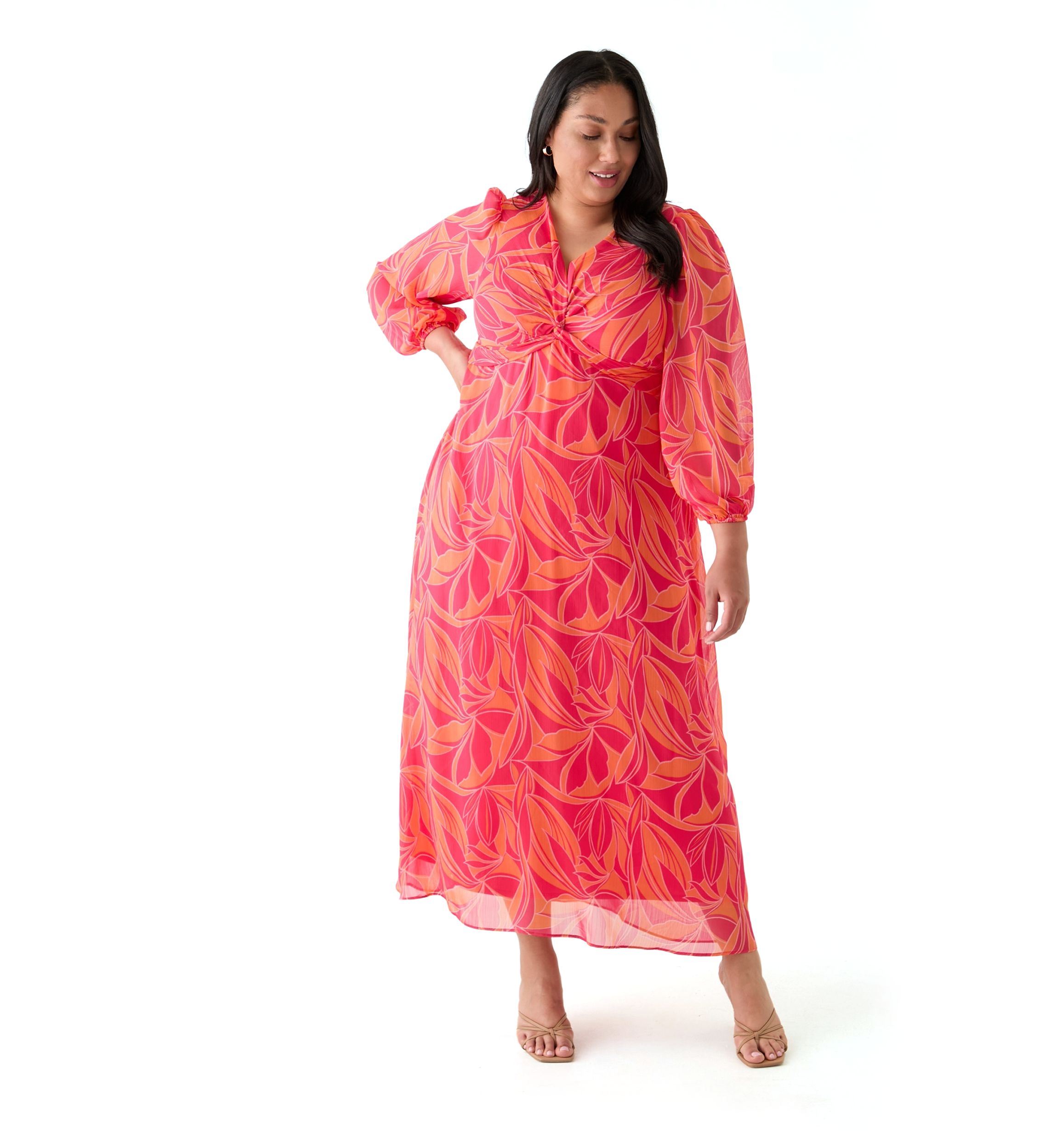 Plus Size Blouson Sleeve V-Neck Printed Chiffon Maxi Dress