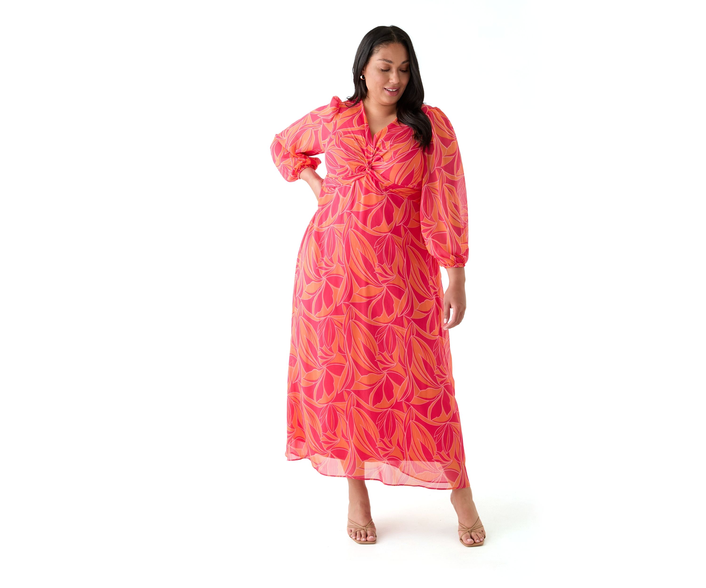 Plus Size Blouson Sleeve V-Neck Printed Chiffon Maxi Dress