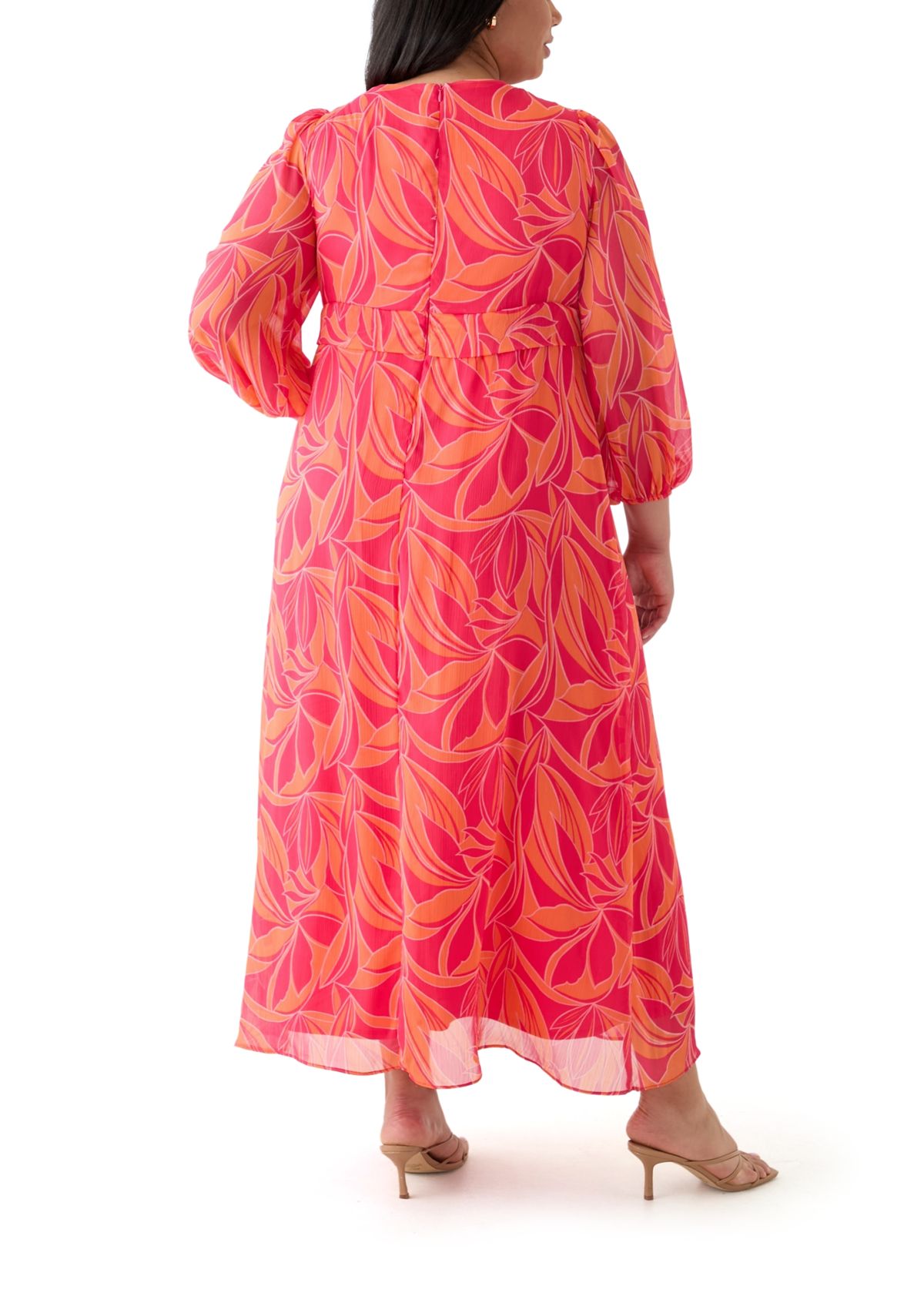 Plus Size Blouson Sleeve V-Neck Printed Chiffon Maxi Dress