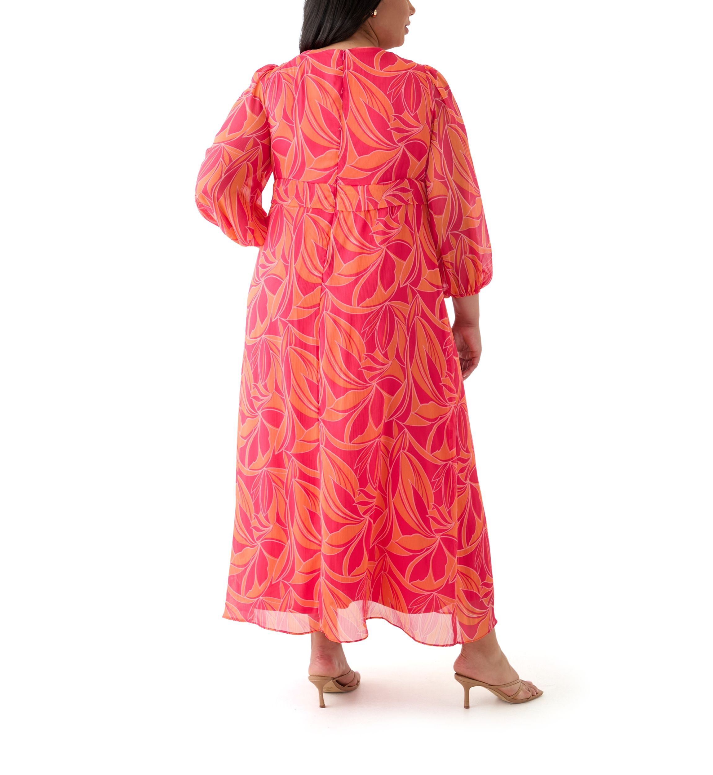 Plus Size Blouson Sleeve V-Neck Printed Chiffon Maxi Dress