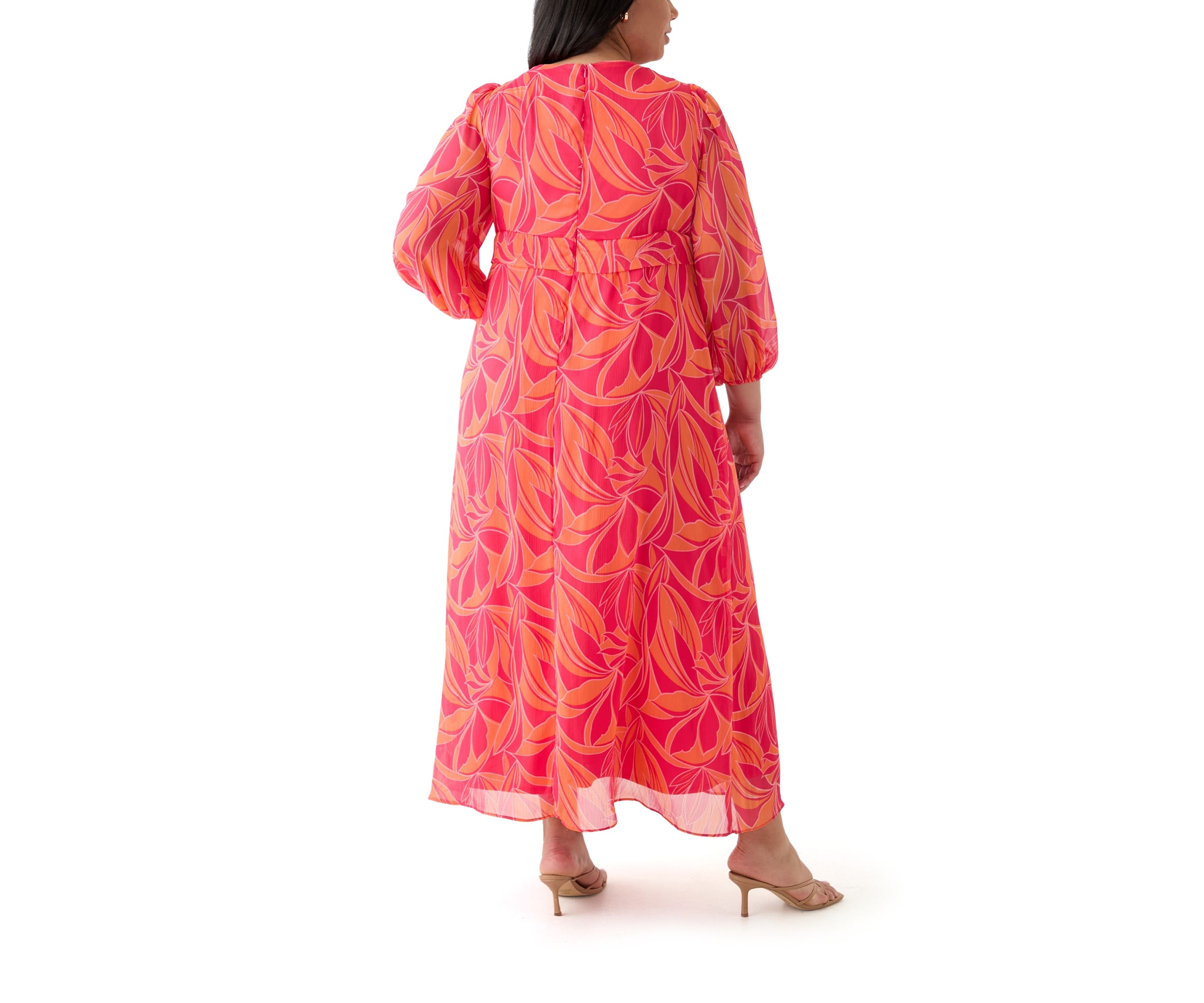 Plus Size Blouson Sleeve V-Neck Printed Chiffon Maxi Dress