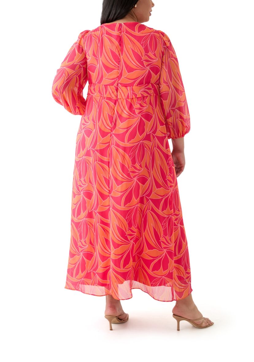 Plus Size Blouson Sleeve V-Neck Printed Chiffon Maxi Dress