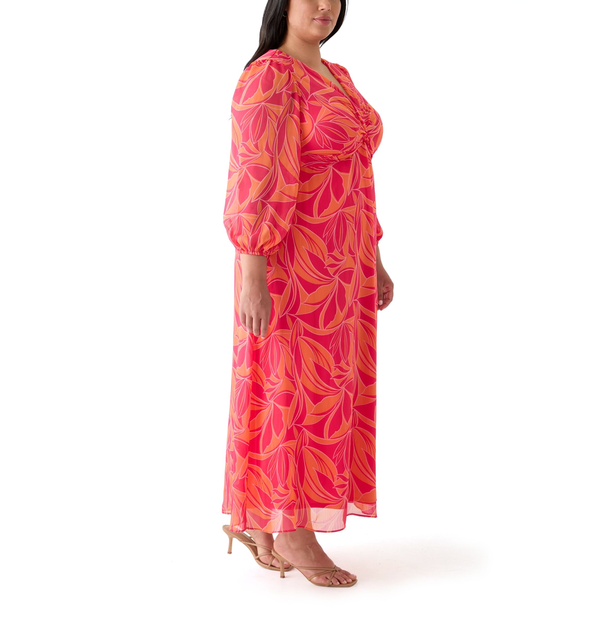 Plus Size Blouson Sleeve V-Neck Printed Chiffon Maxi Dress