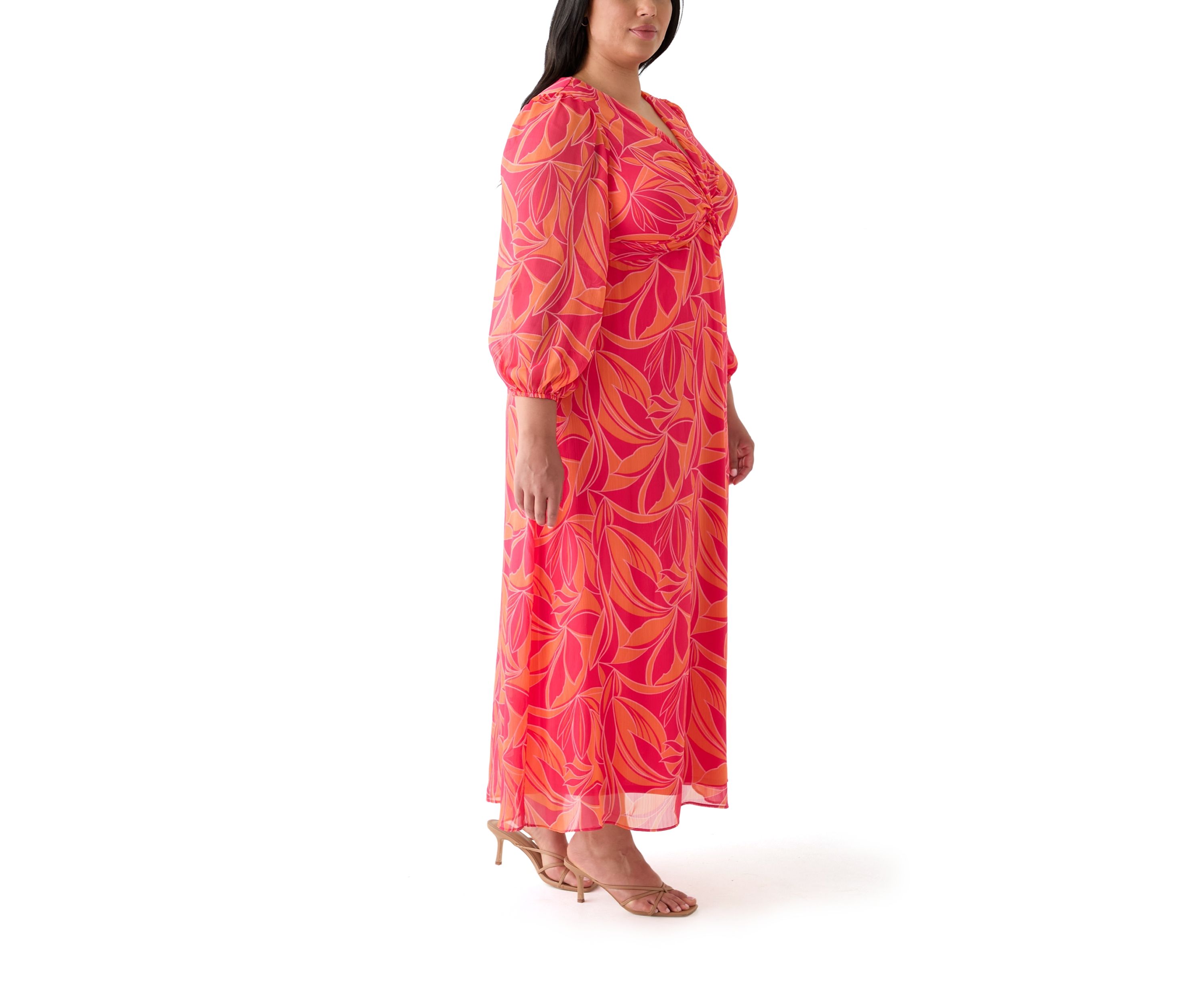 Plus Size Blouson Sleeve V-Neck Printed Chiffon Maxi Dress