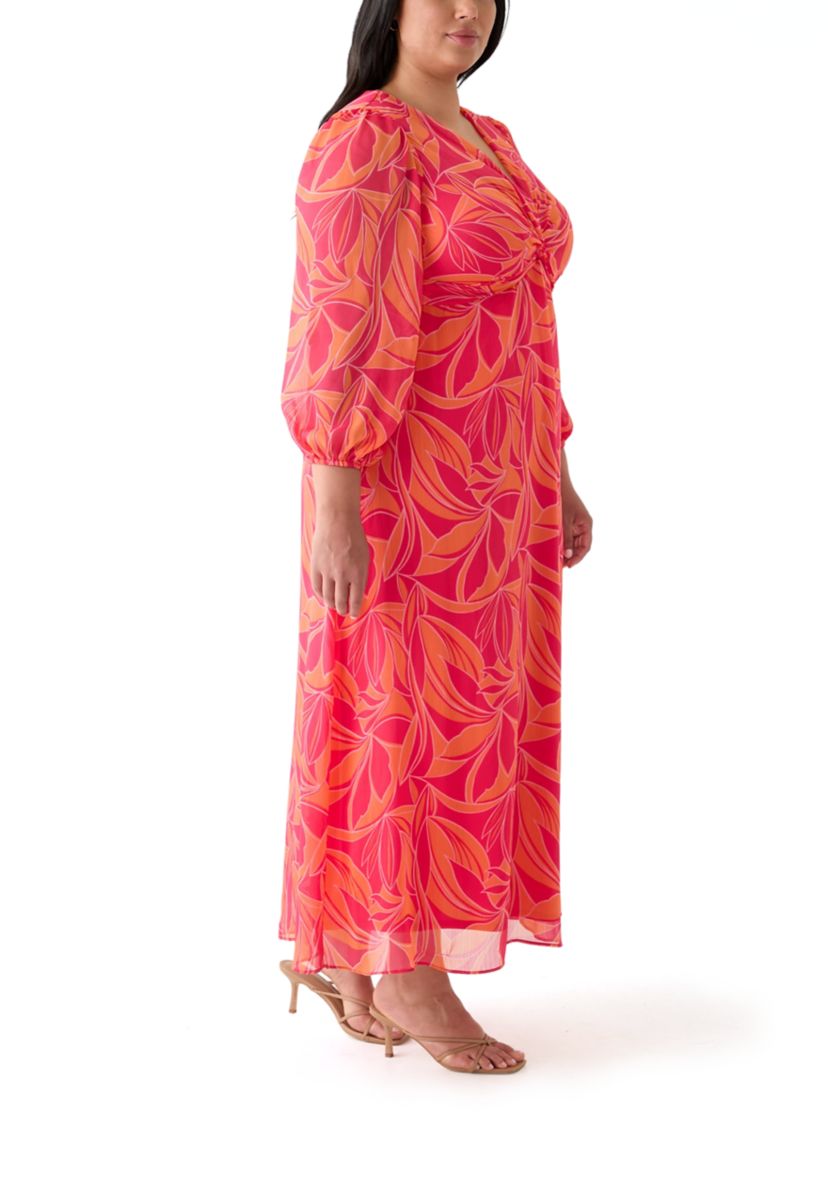 Plus Size Blouson Sleeve V-Neck Printed Chiffon Maxi Dress