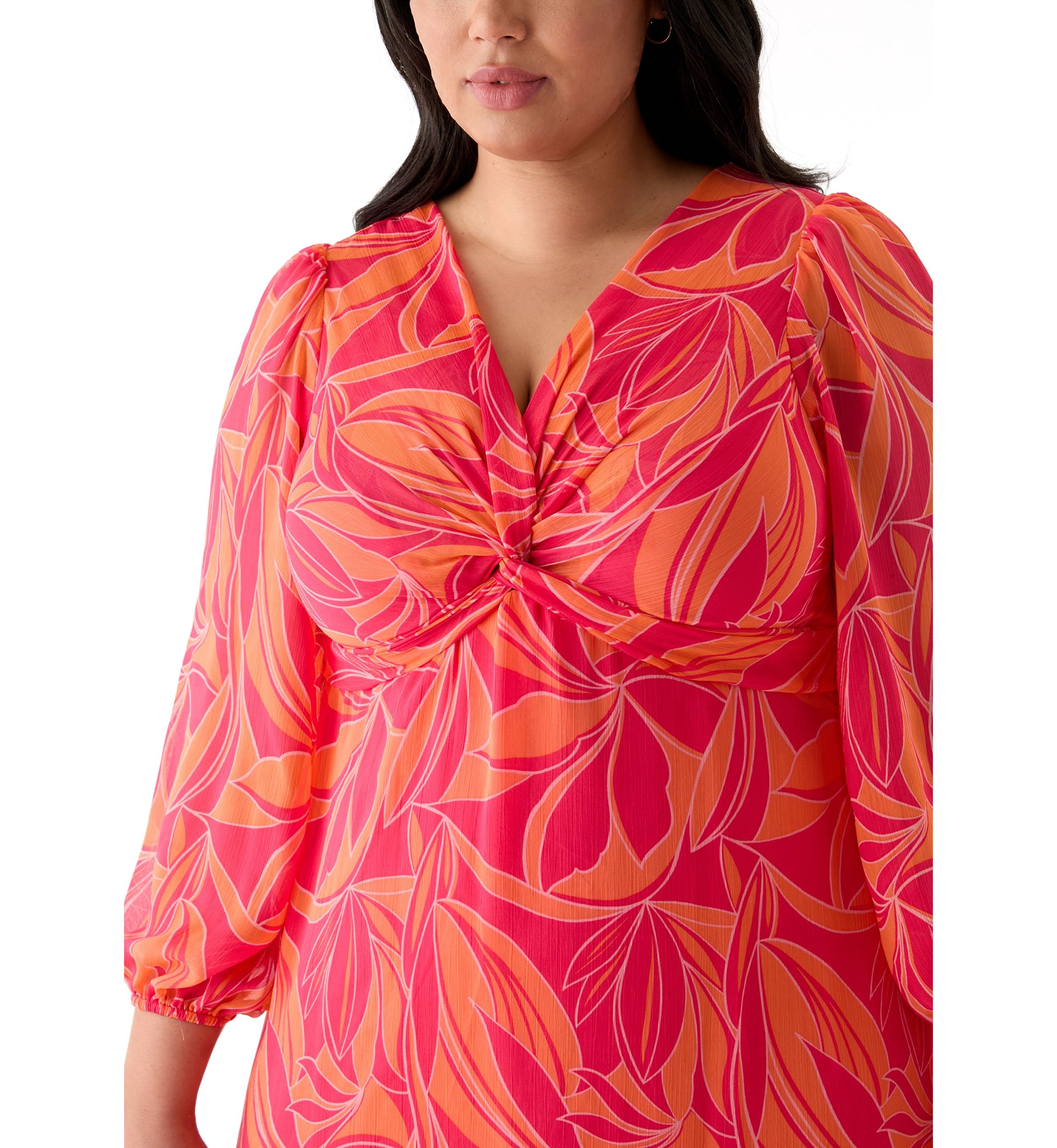 Plus Size Blouson Sleeve V-Neck Printed Chiffon Maxi Dress