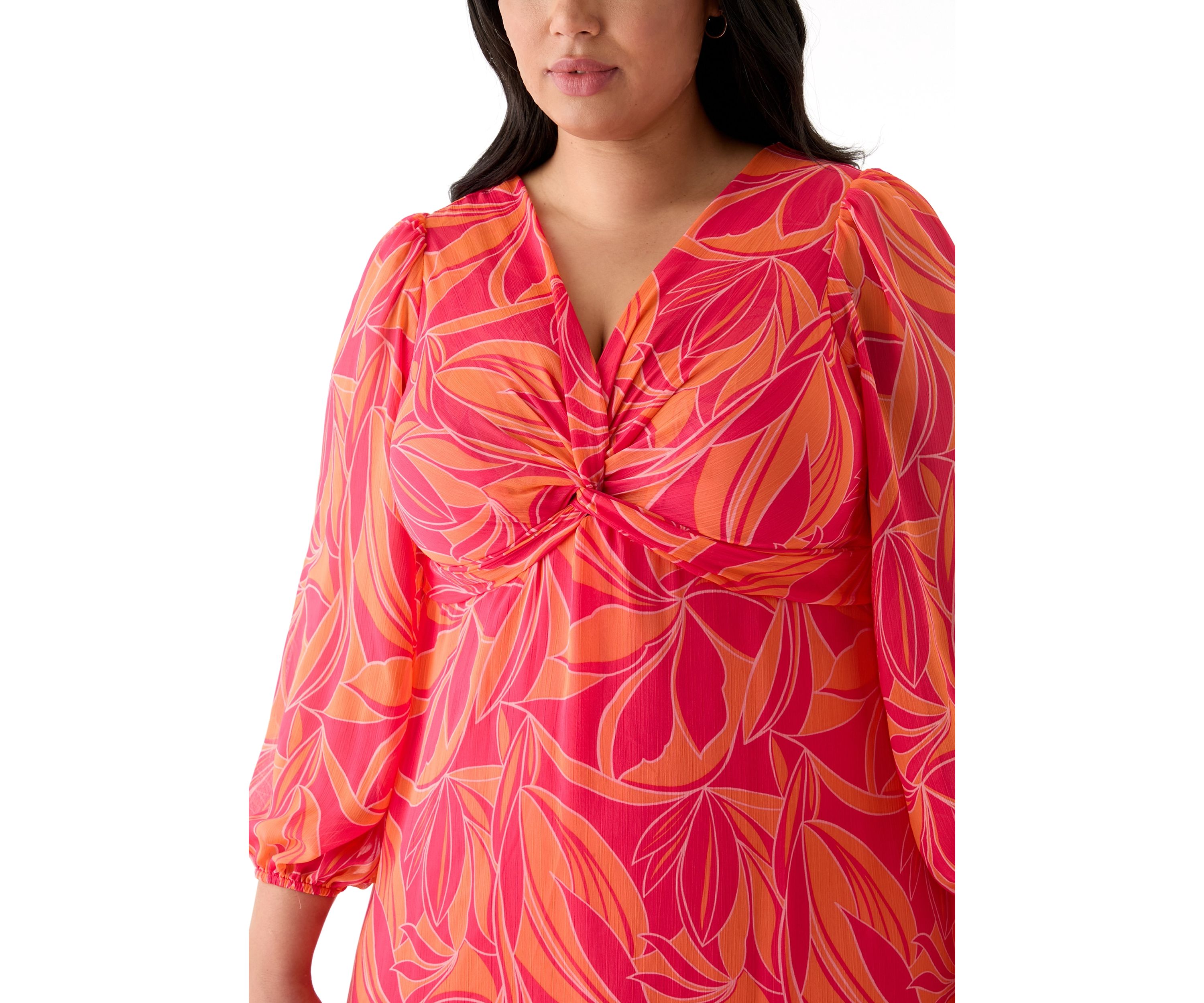 Plus Size Blouson Sleeve V-Neck Printed Chiffon Maxi Dress