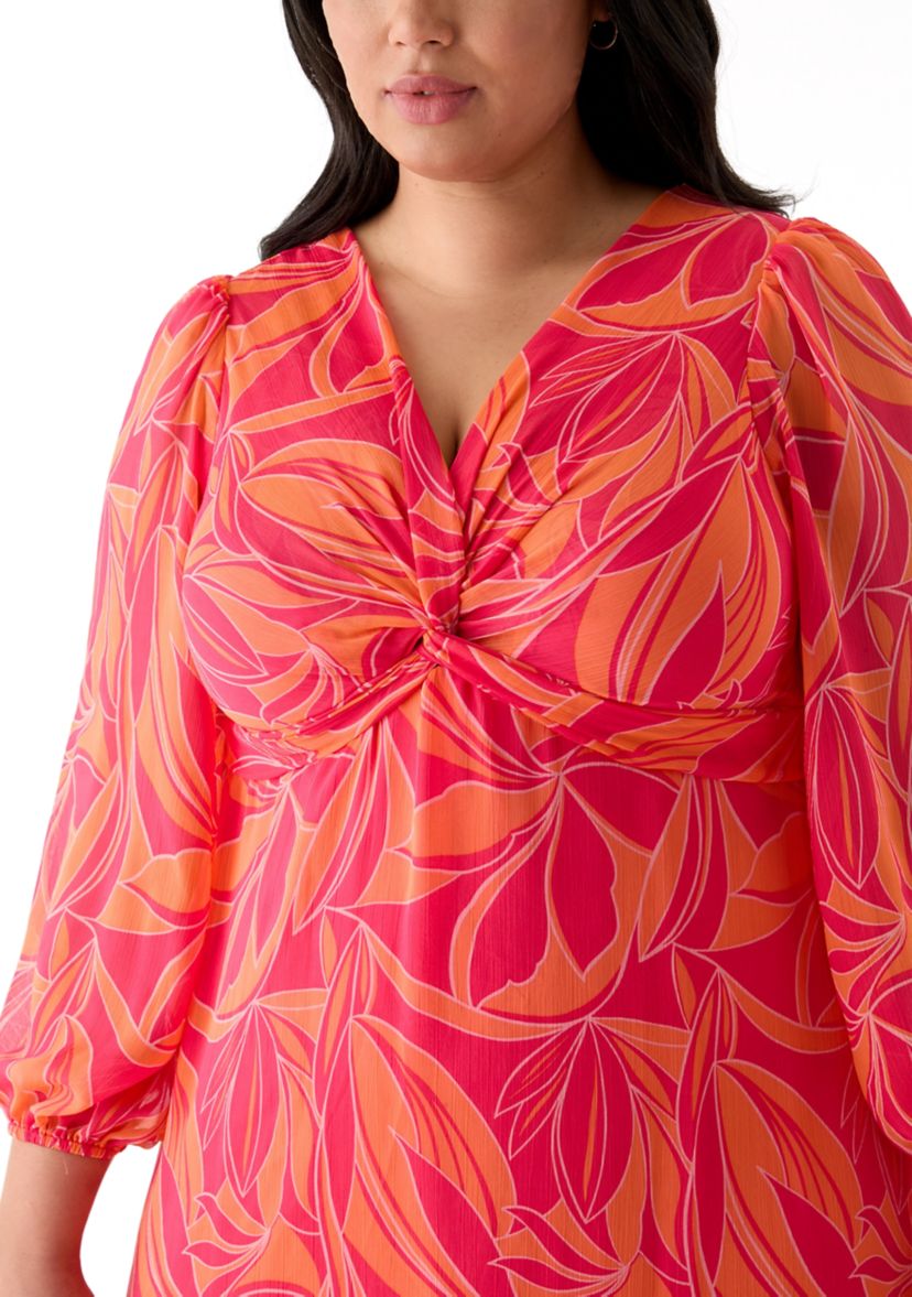 Plus Size Blouson Sleeve V-Neck Printed Chiffon Maxi Dress