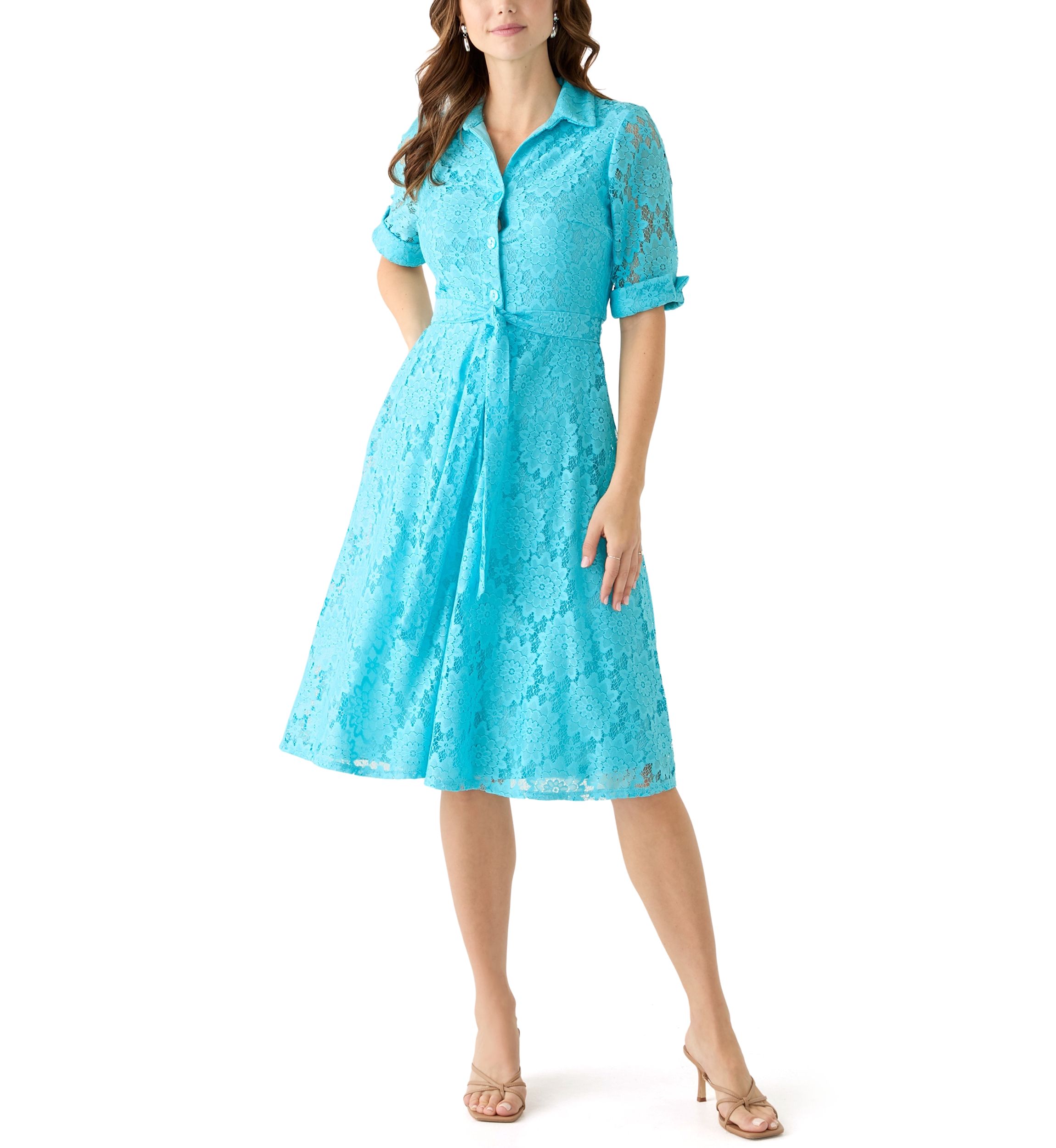 Womens Elbow Cuffed Sleeve Lace Fit and Flare Dress