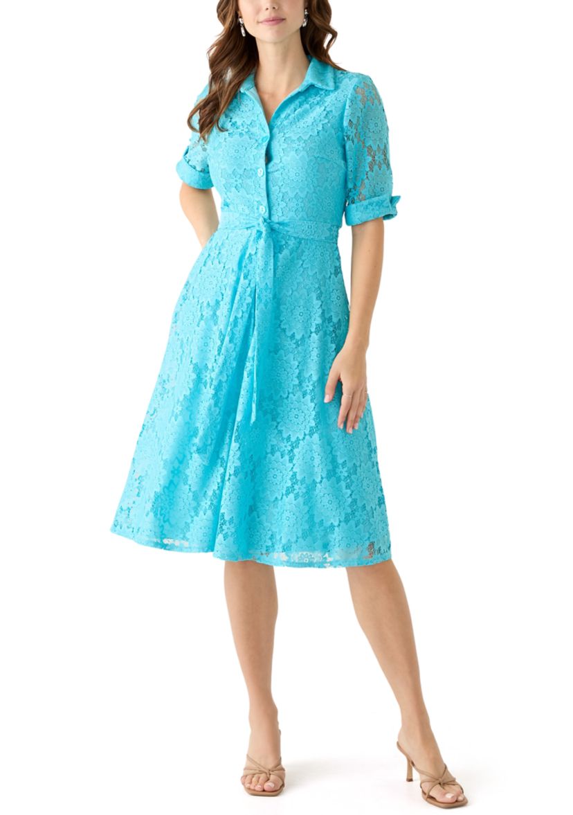 Womens Elbow Cuffed Sleeve Lace Fit and Flare Dress