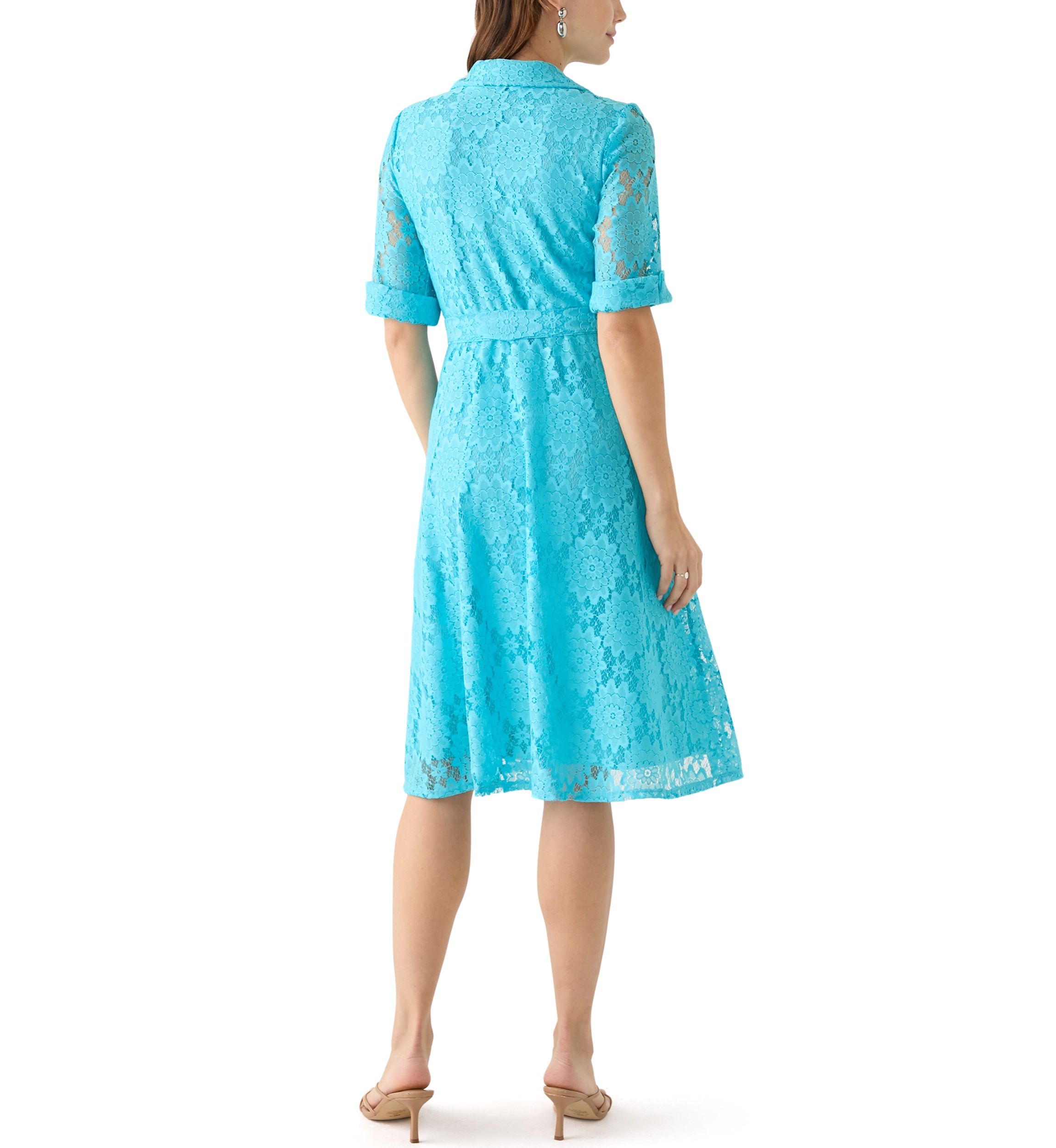 Womens Elbow Cuffed Sleeve Lace Fit and Flare Dress