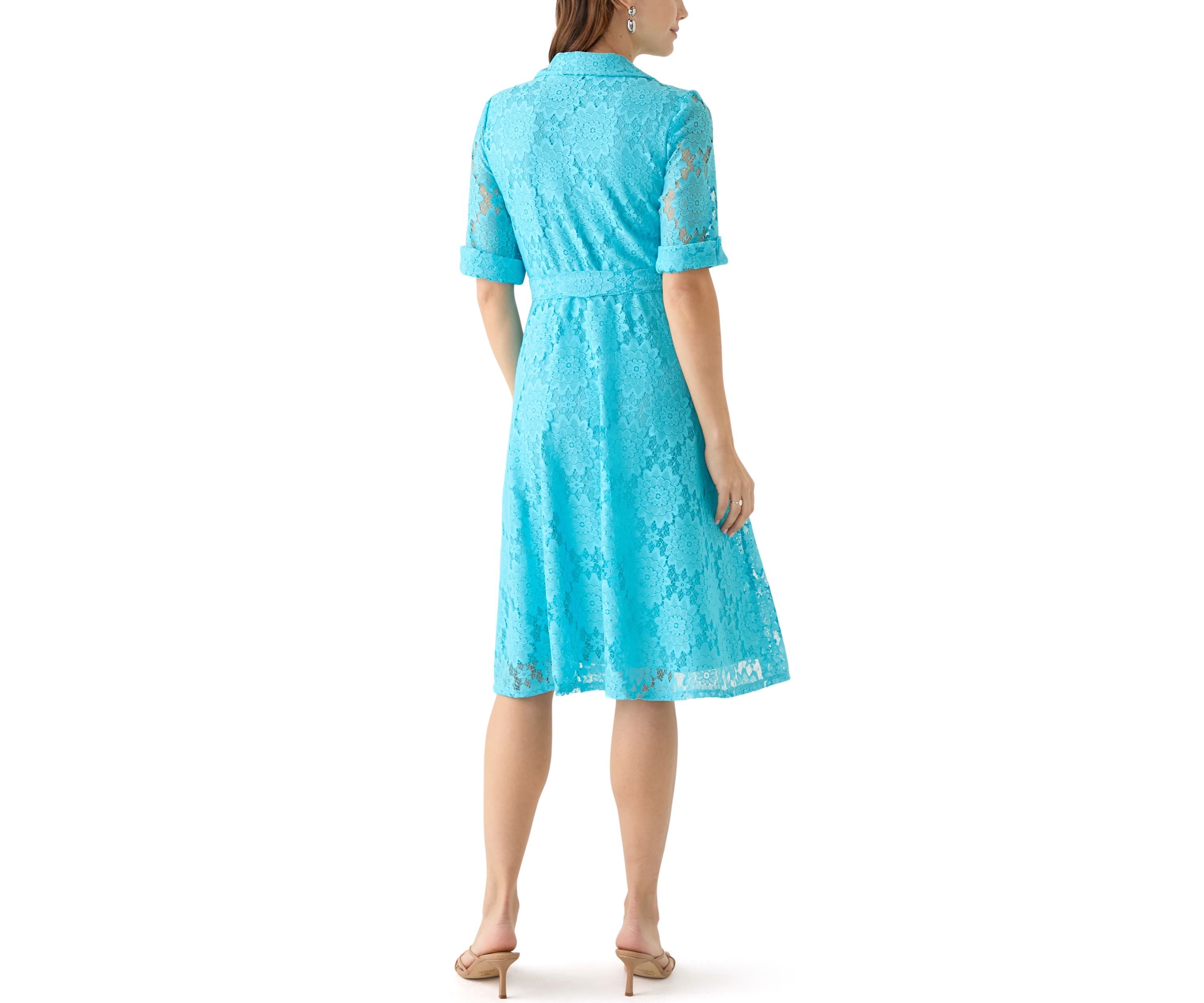 Womens Elbow Cuffed Sleeve Lace Fit and Flare Dress