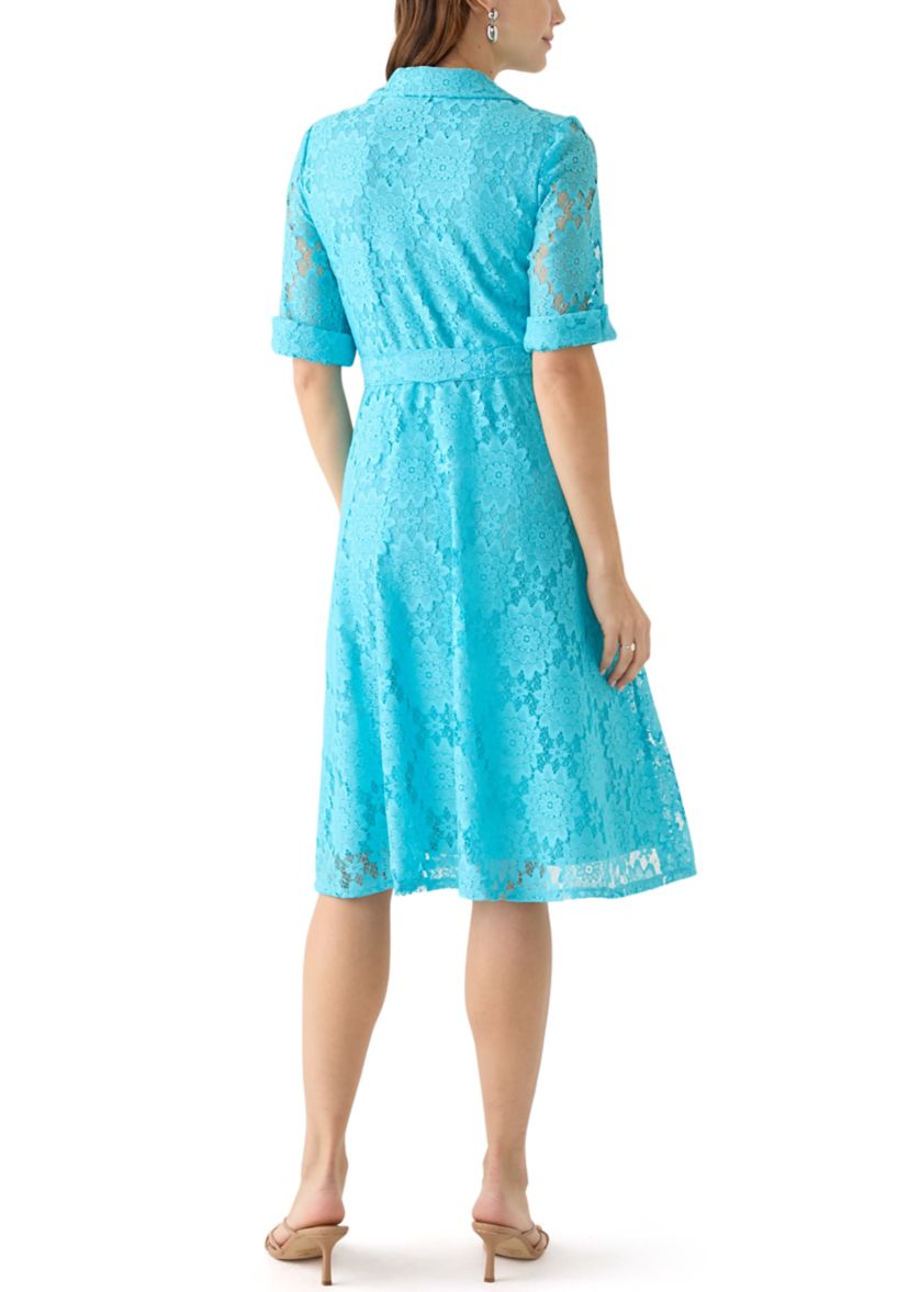Womens Elbow Cuffed Sleeve Lace Fit and Flare Dress