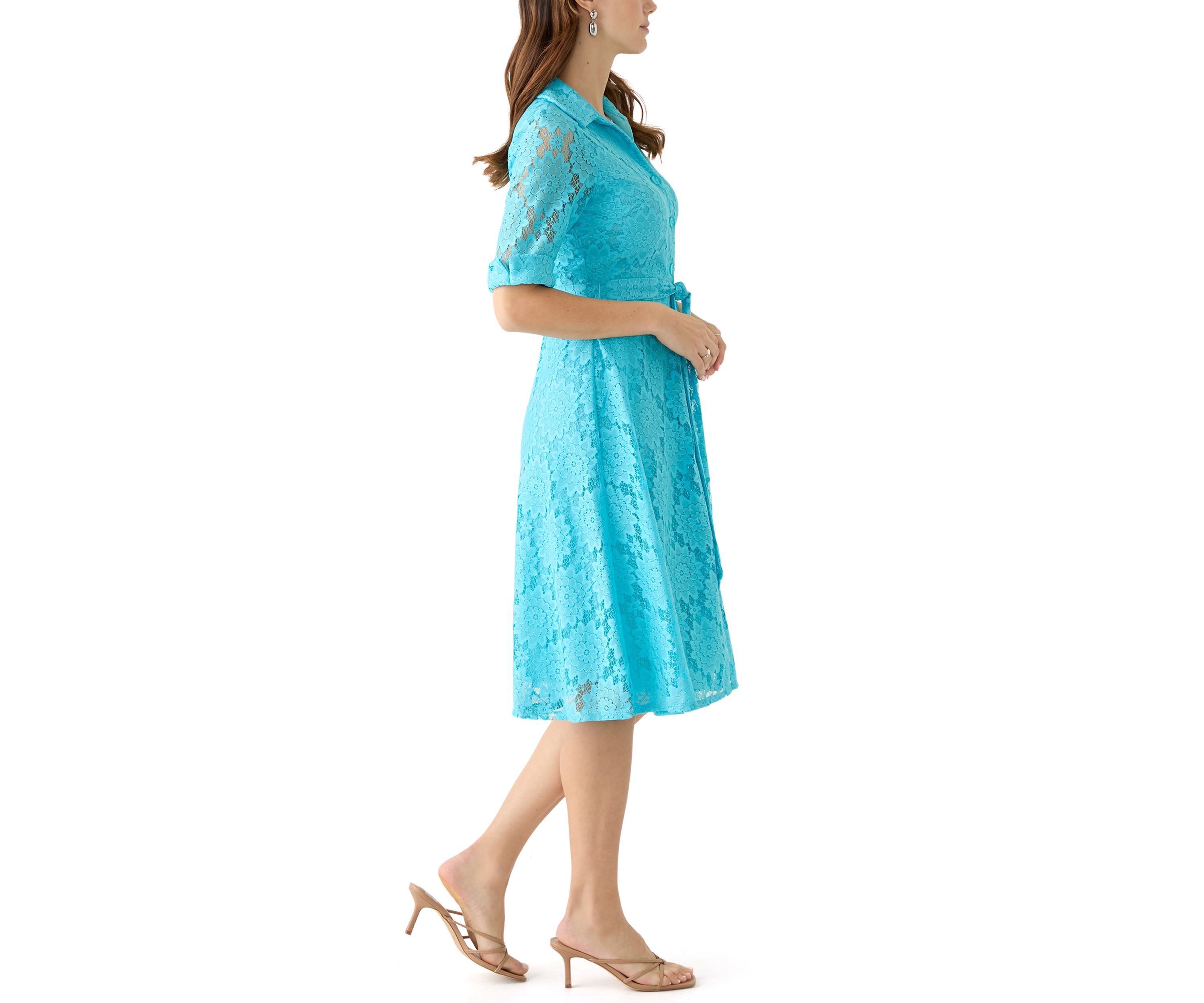 Womens Elbow Cuffed Sleeve Lace Fit and Flare Dress
