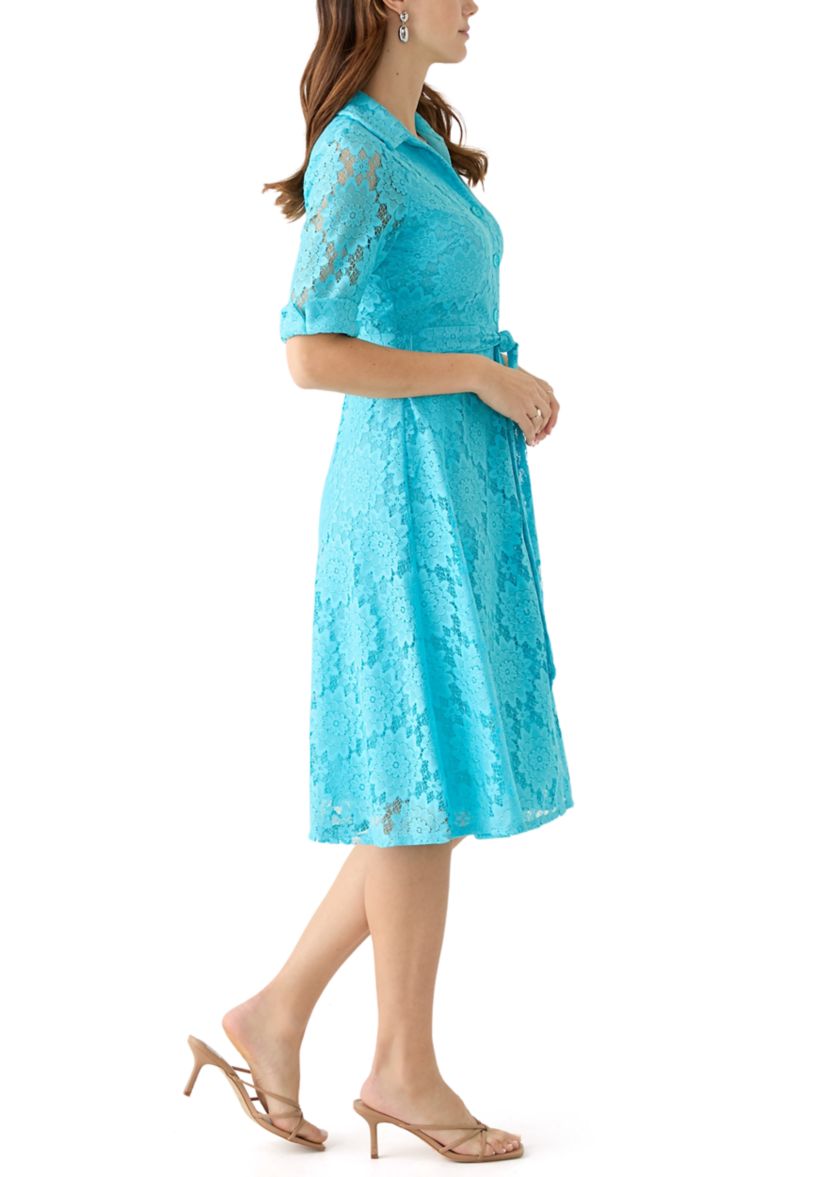 Womens Elbow Cuffed Sleeve Lace Fit and Flare Dress