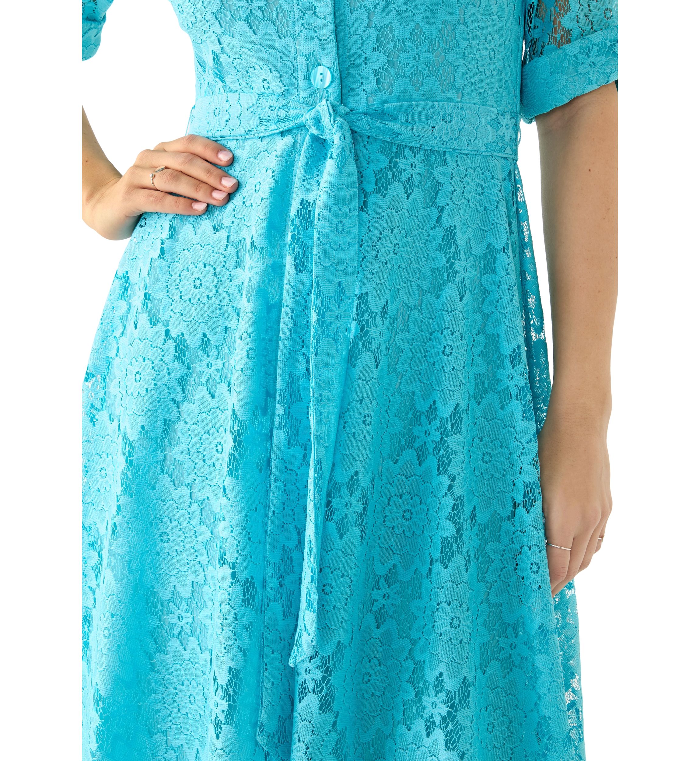 Womens Elbow Cuffed Sleeve Lace Fit and Flare Dress