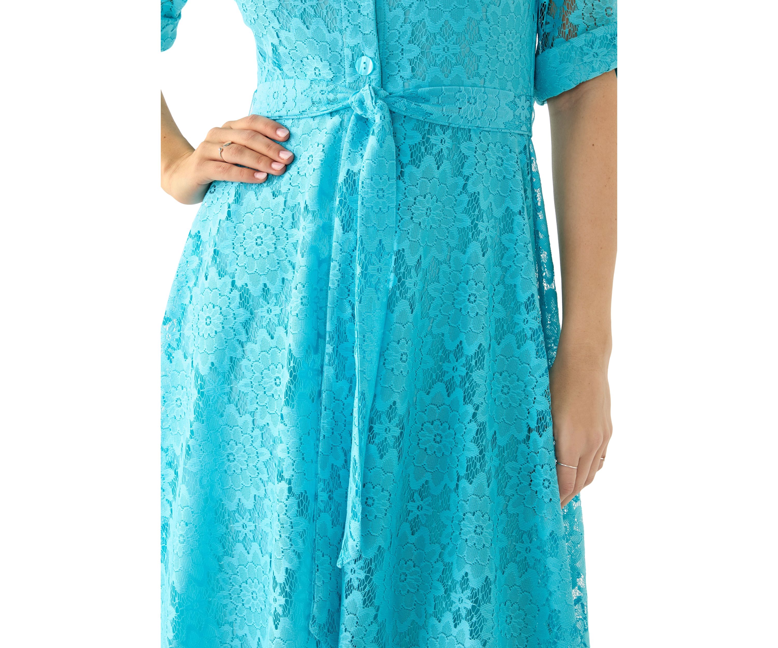 Womens Elbow Cuffed Sleeve Lace Fit and Flare Dress