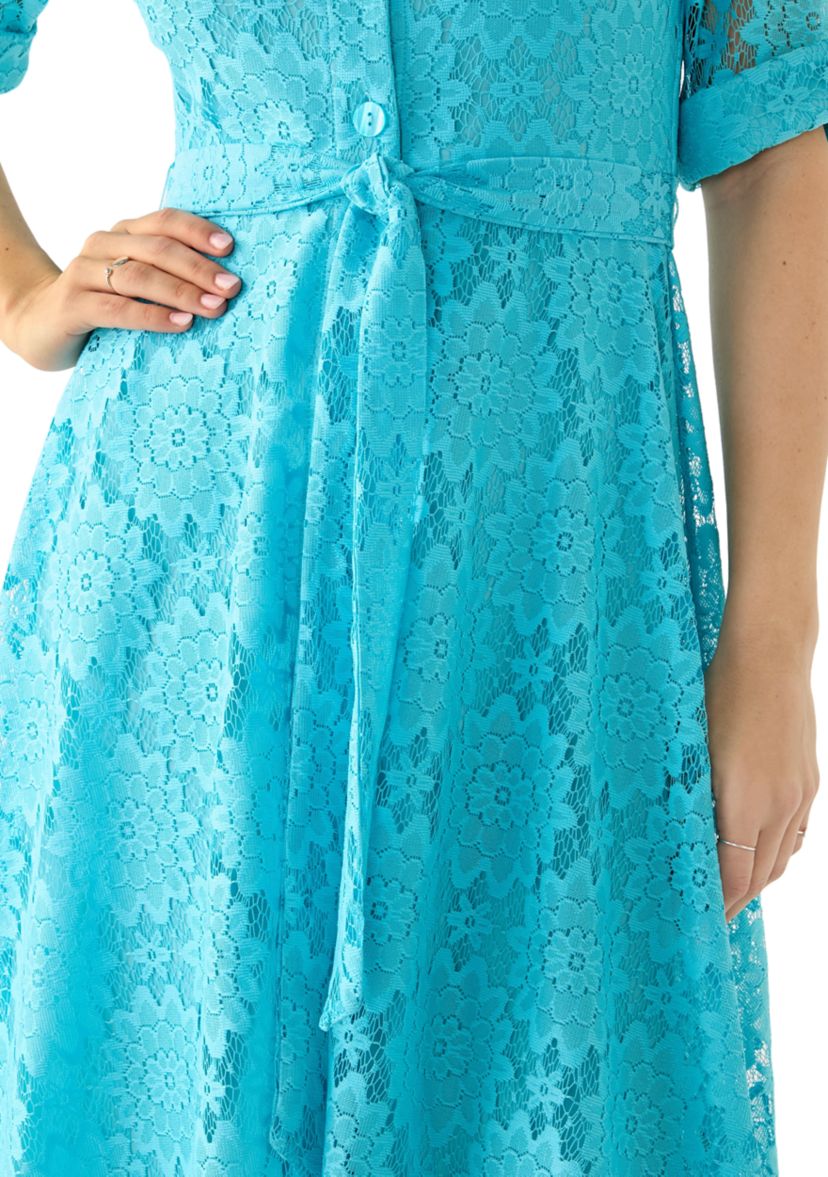 Womens Elbow Cuffed Sleeve Lace Fit and Flare Dress
