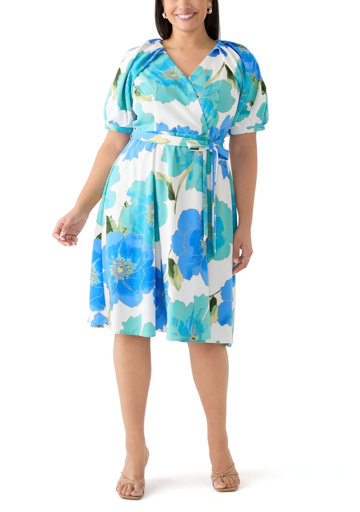 Plus Size Floral Puff Sleeve Midi Dress