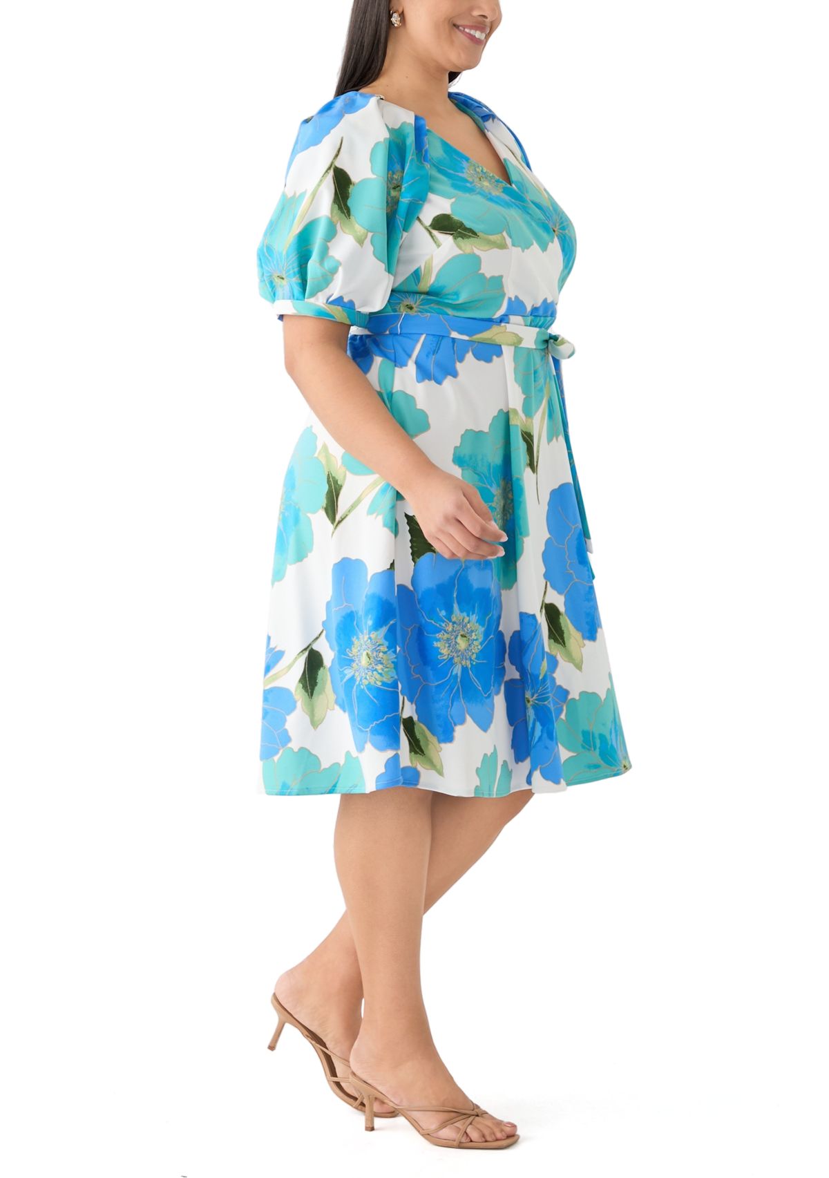 Plus Size Floral Puff Sleeve Midi Dress