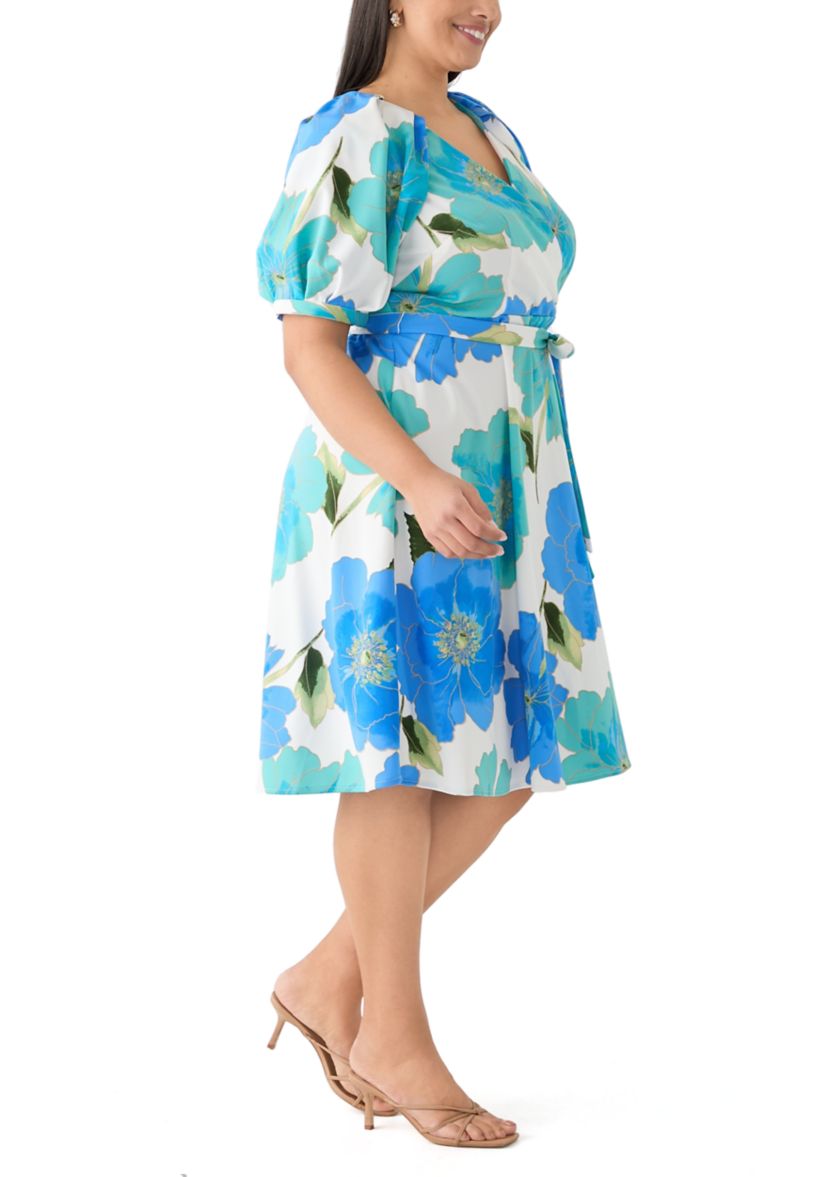 Plus Size Floral Puff Sleeve Midi Dress