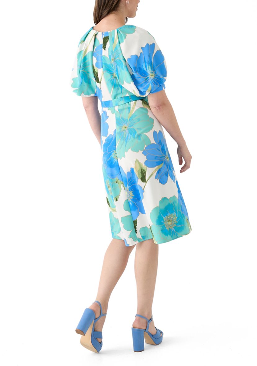 Womens Short Sleeve V-Neck Floral Print Fit and Flare Dress