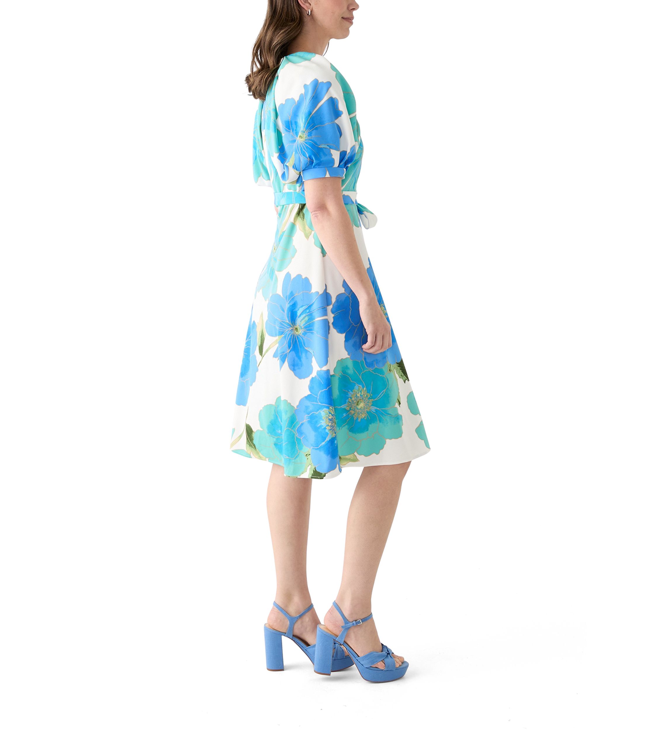 Womens Short Sleeve V-Neck Floral Print Fit and Flare Dress