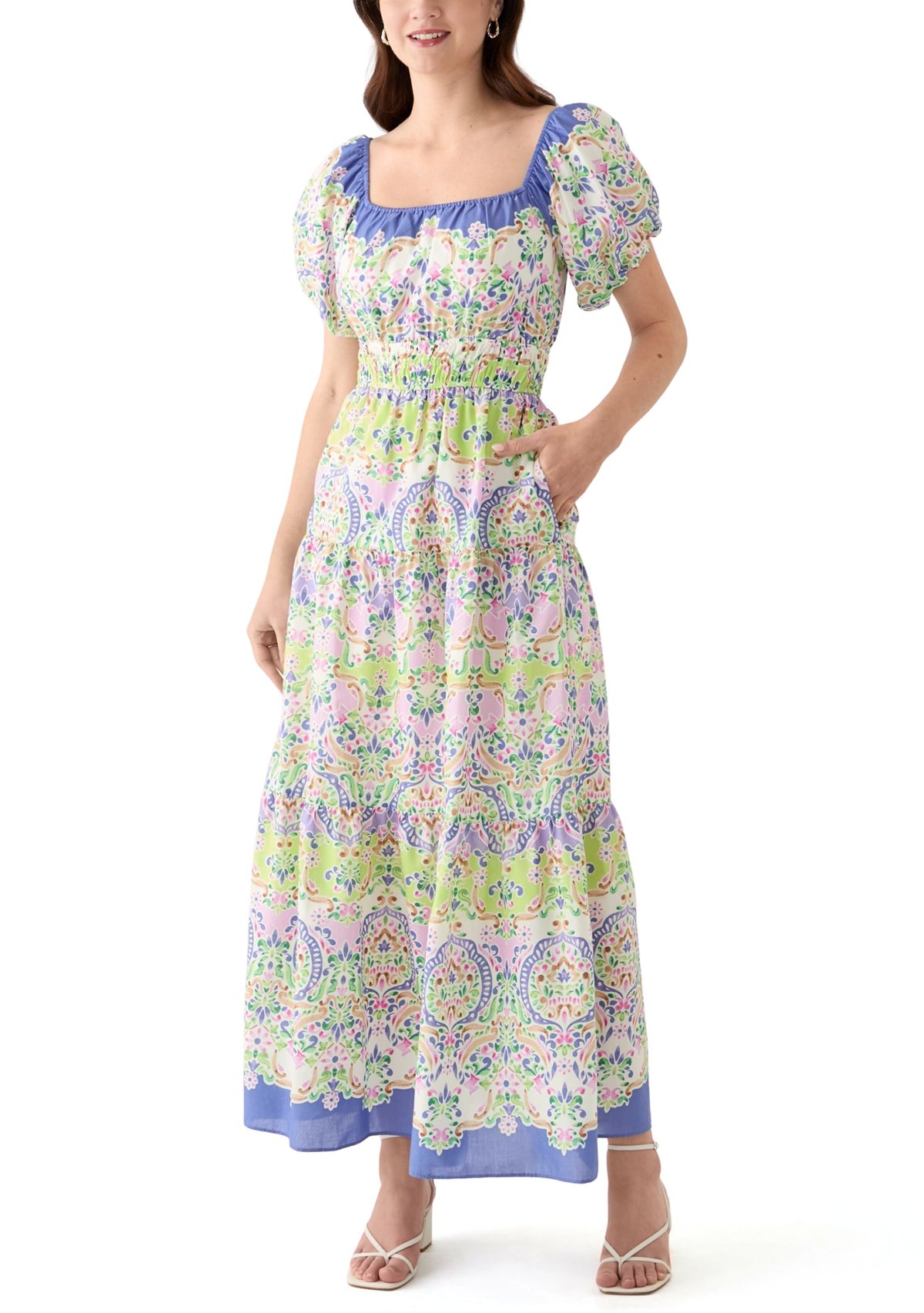 Womens Puff Sleeve Square Neck Printed Maxi Dress