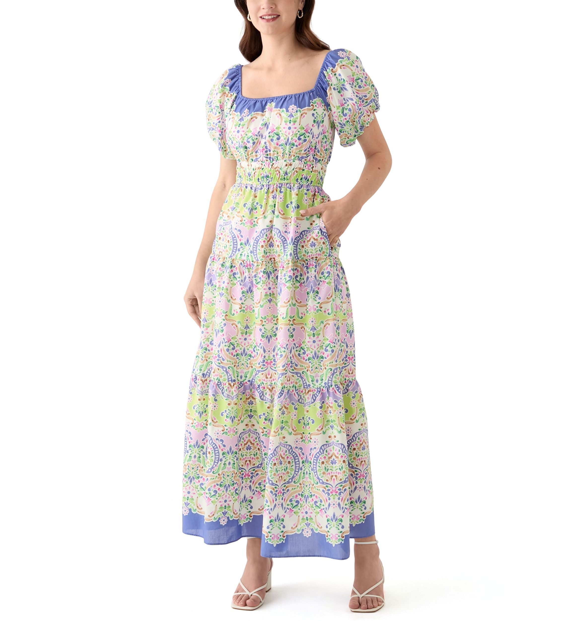 Womens Puff Sleeve Square Neck Printed Maxi Dress