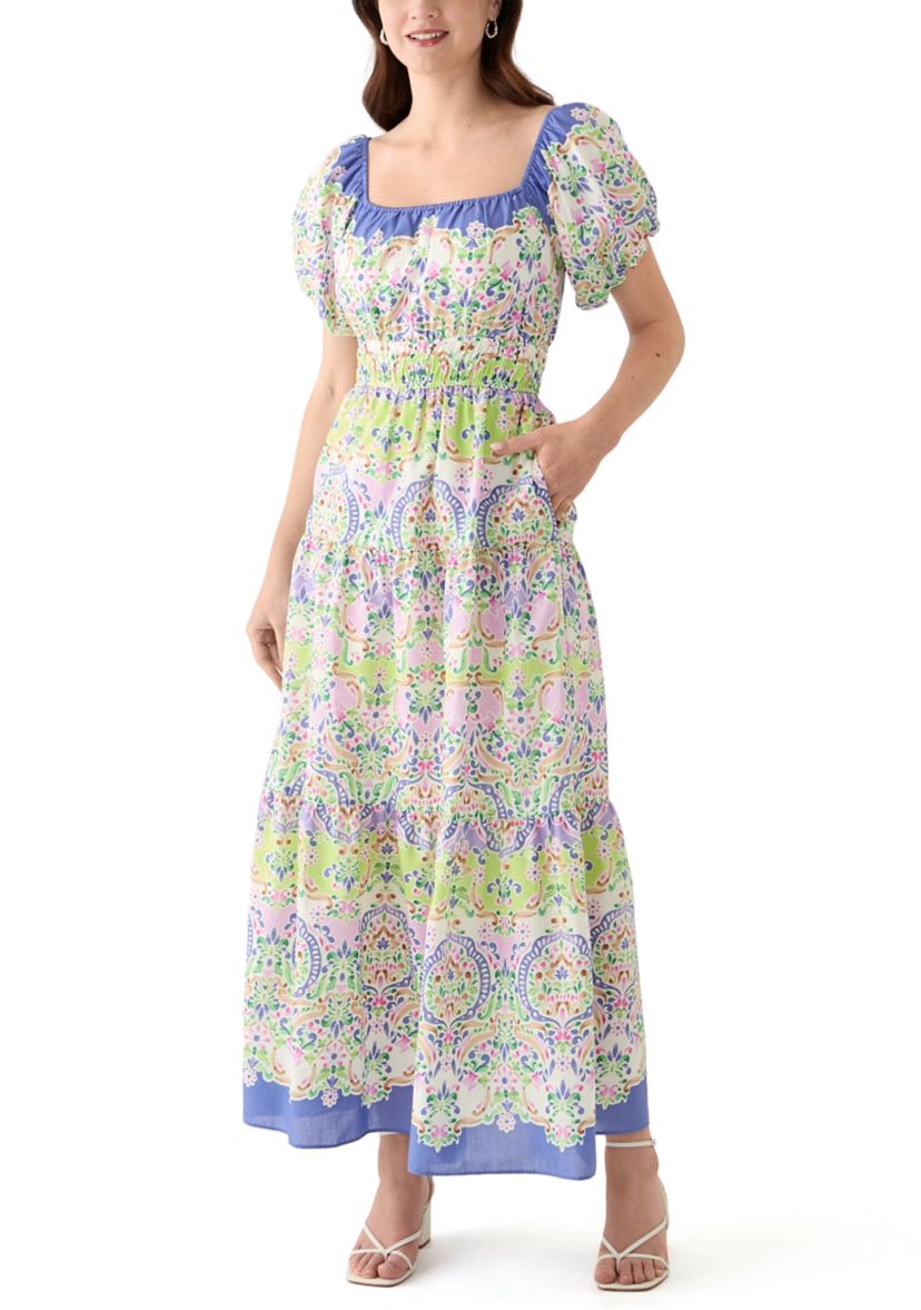 Womens Puff Sleeve Square Neck Printed Maxi Dress
