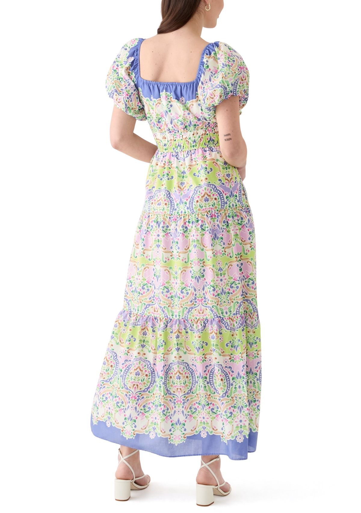 Womens Puff Sleeve Square Neck Printed Maxi Dress