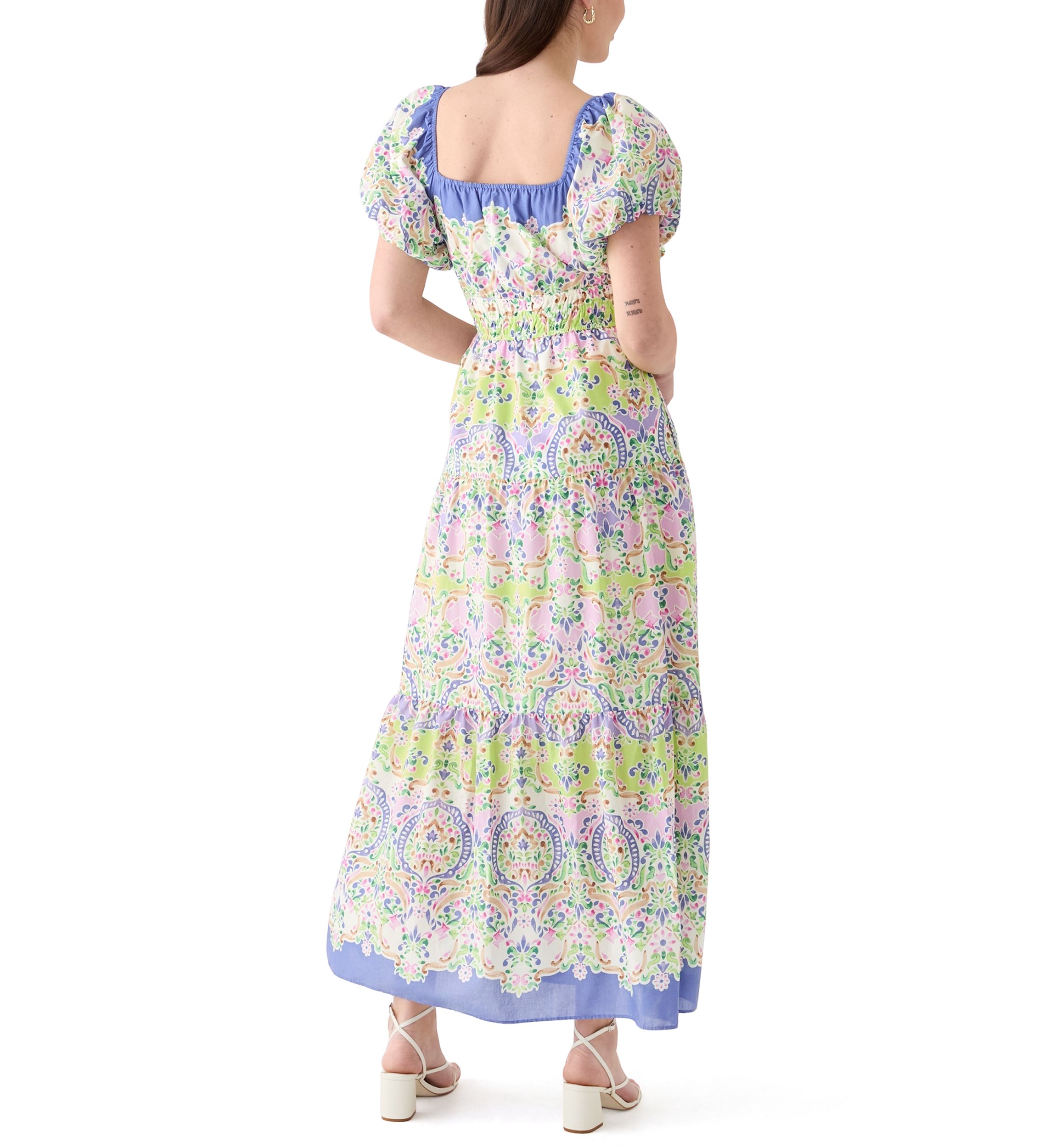 Womens Puff Sleeve Square Neck Printed Maxi Dress