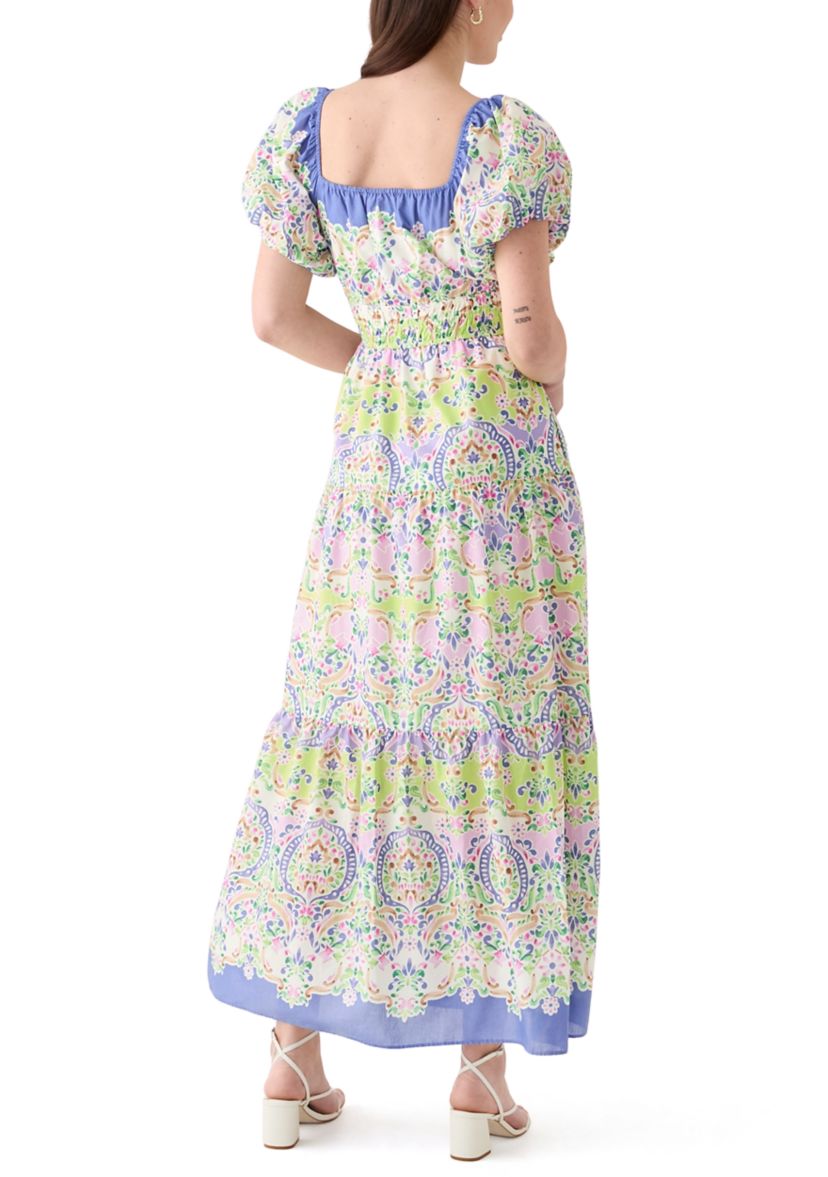Womens Puff Sleeve Square Neck Printed Maxi Dress