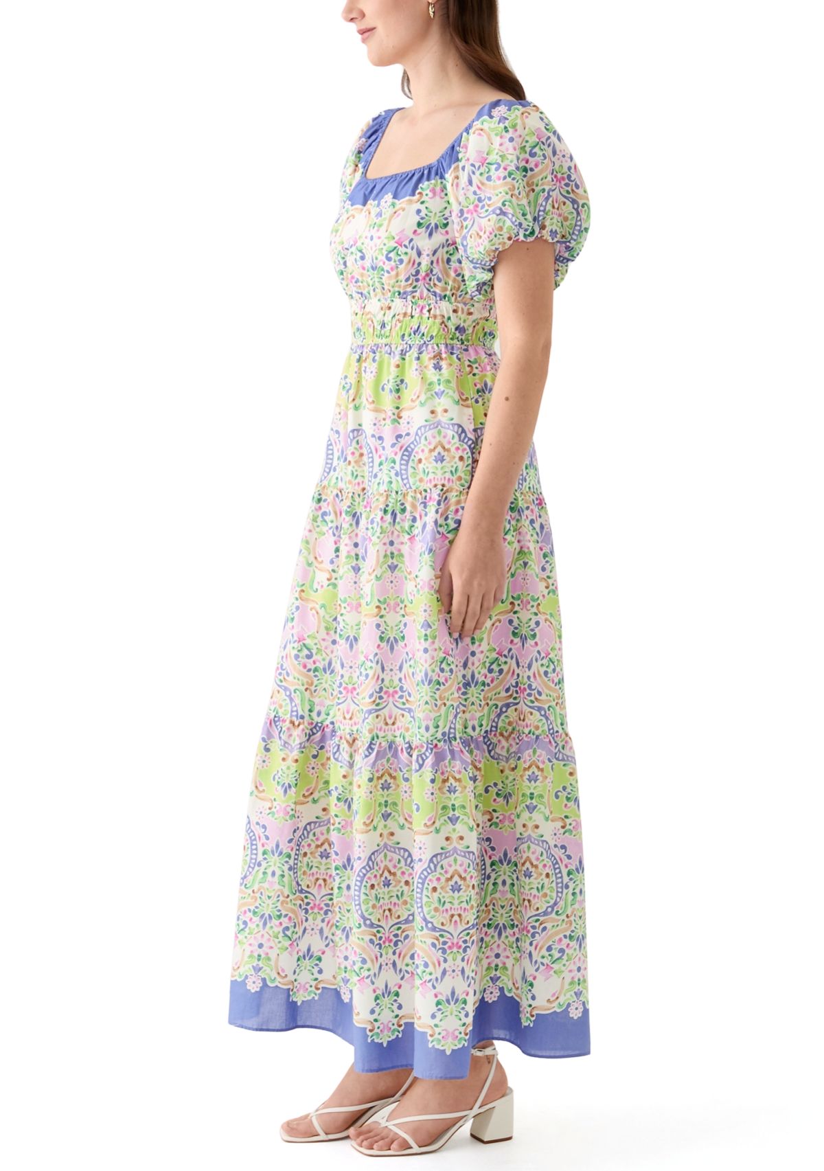 Womens Puff Sleeve Square Neck Printed Maxi Dress