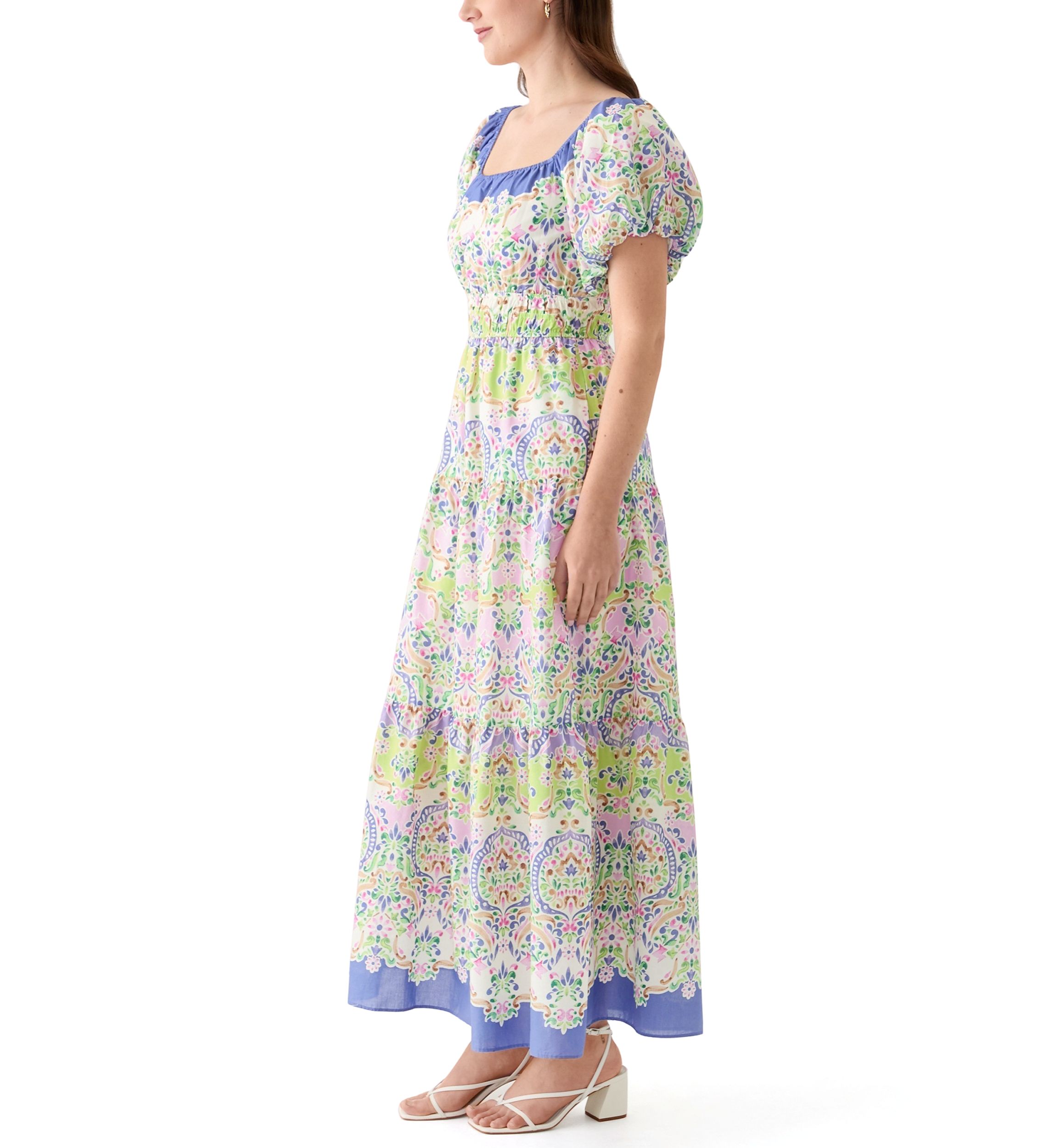 Womens Puff Sleeve Square Neck Printed Maxi Dress