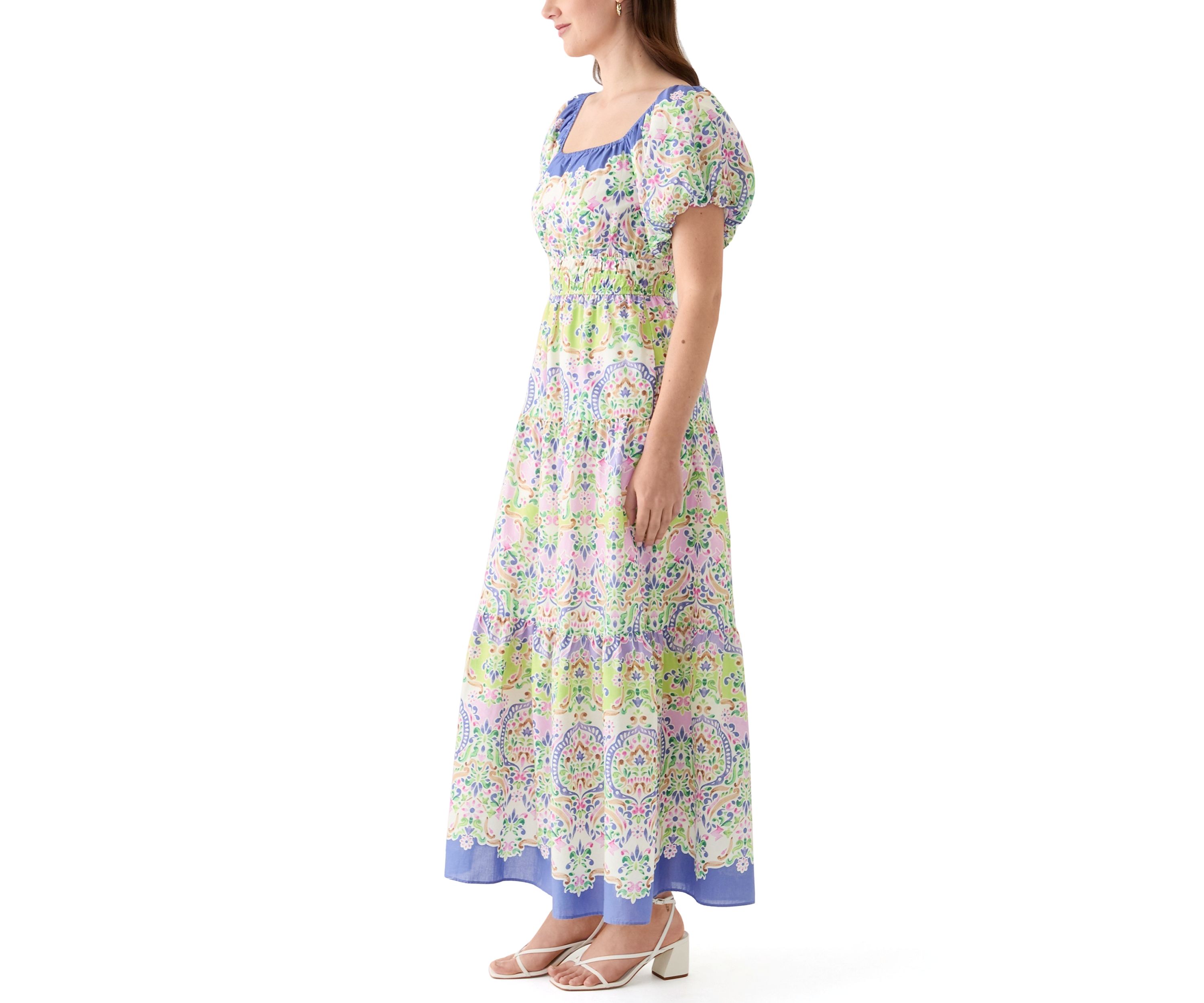 Womens Puff Sleeve Square Neck Printed Maxi Dress