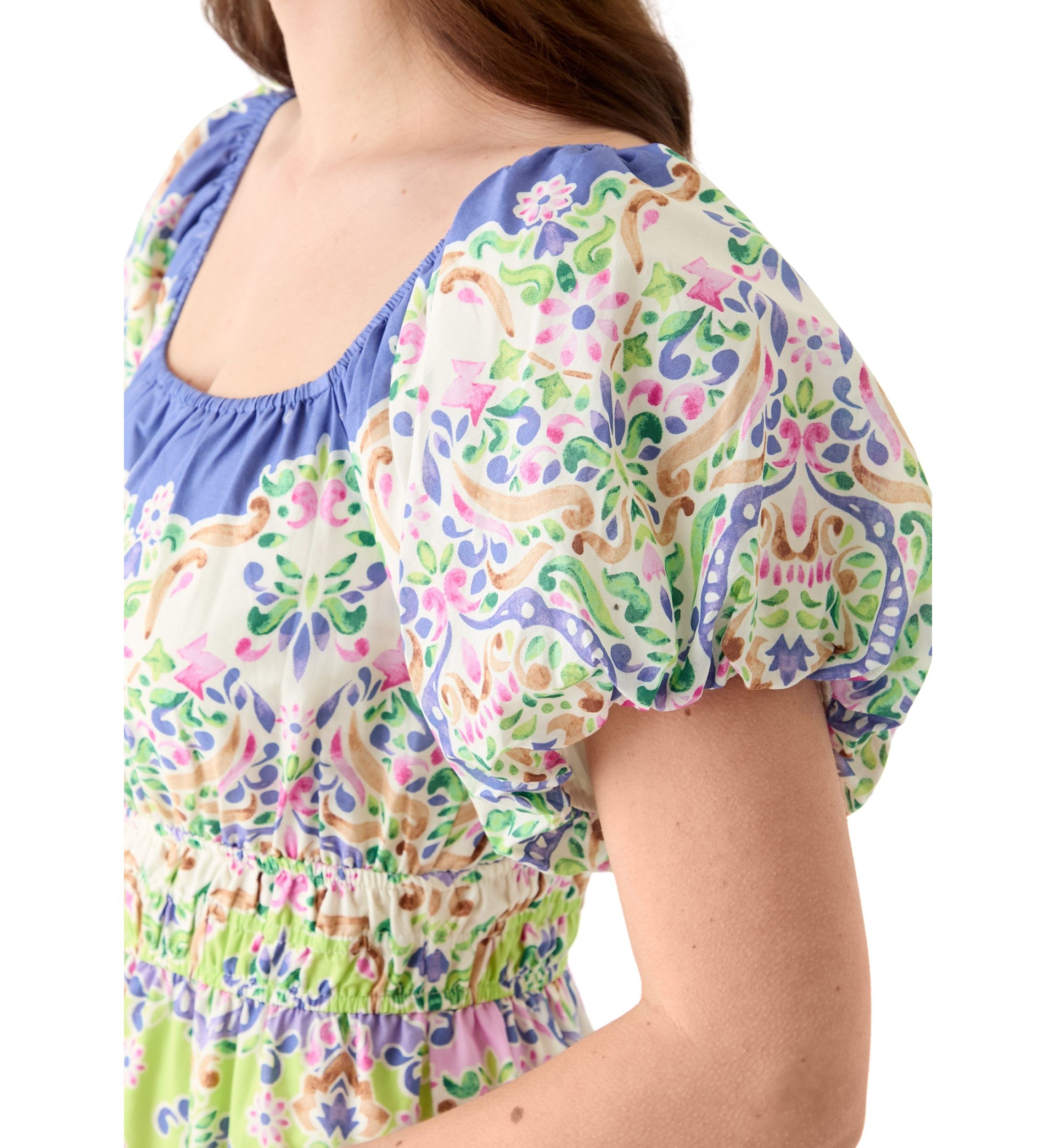Womens Puff Sleeve Square Neck Printed Maxi Dress