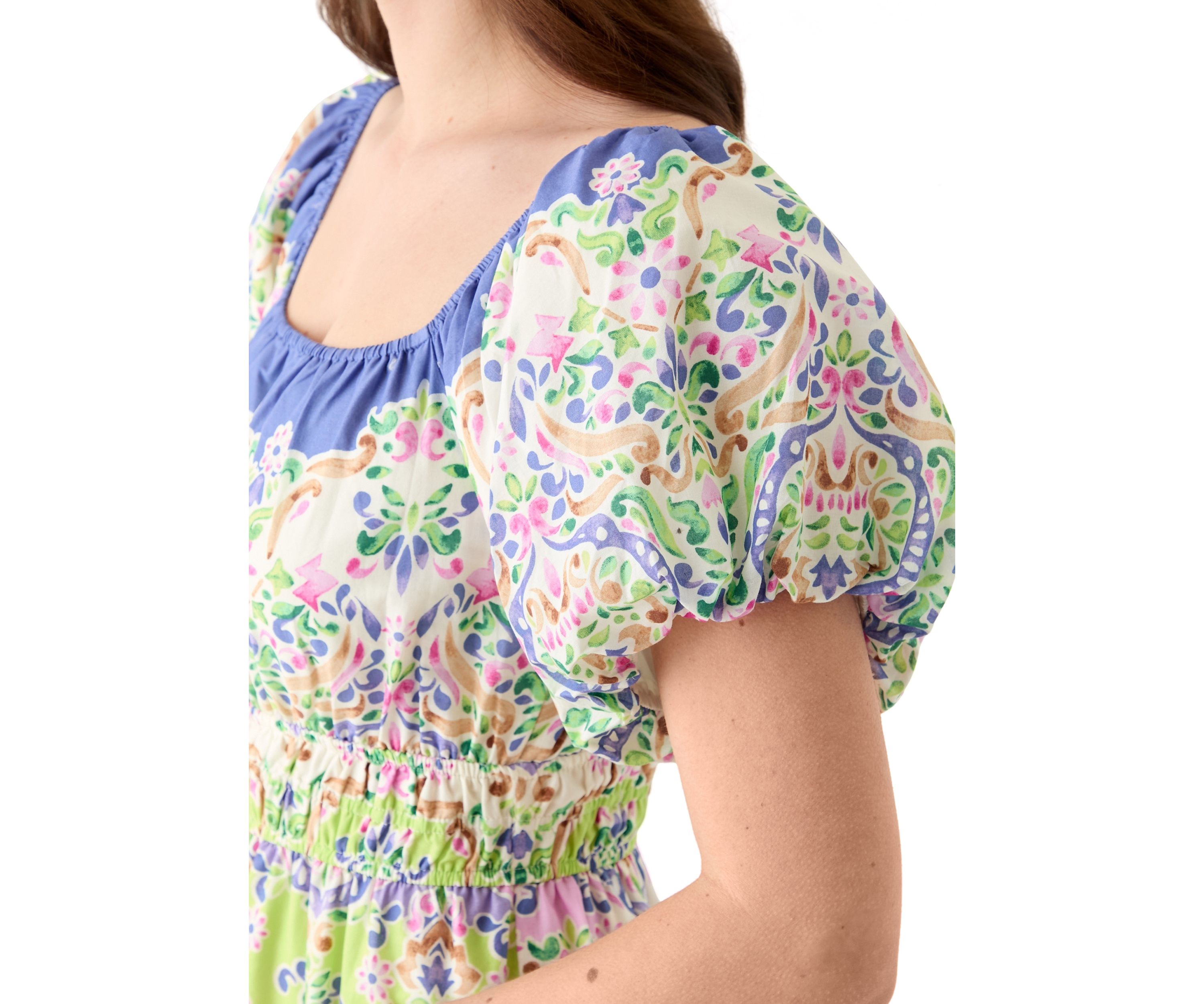 Womens Puff Sleeve Square Neck Printed Maxi Dress