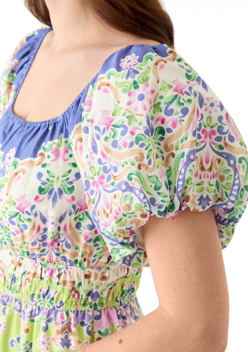 Womens Puff Sleeve Square Neck Printed Maxi Dress