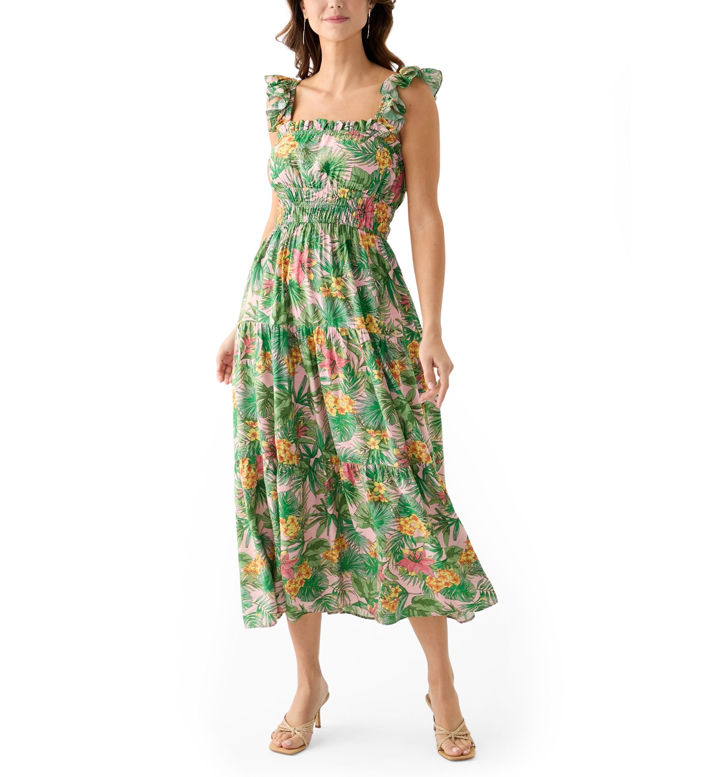 Womens Floral Printed Square Neck A-Line Dress