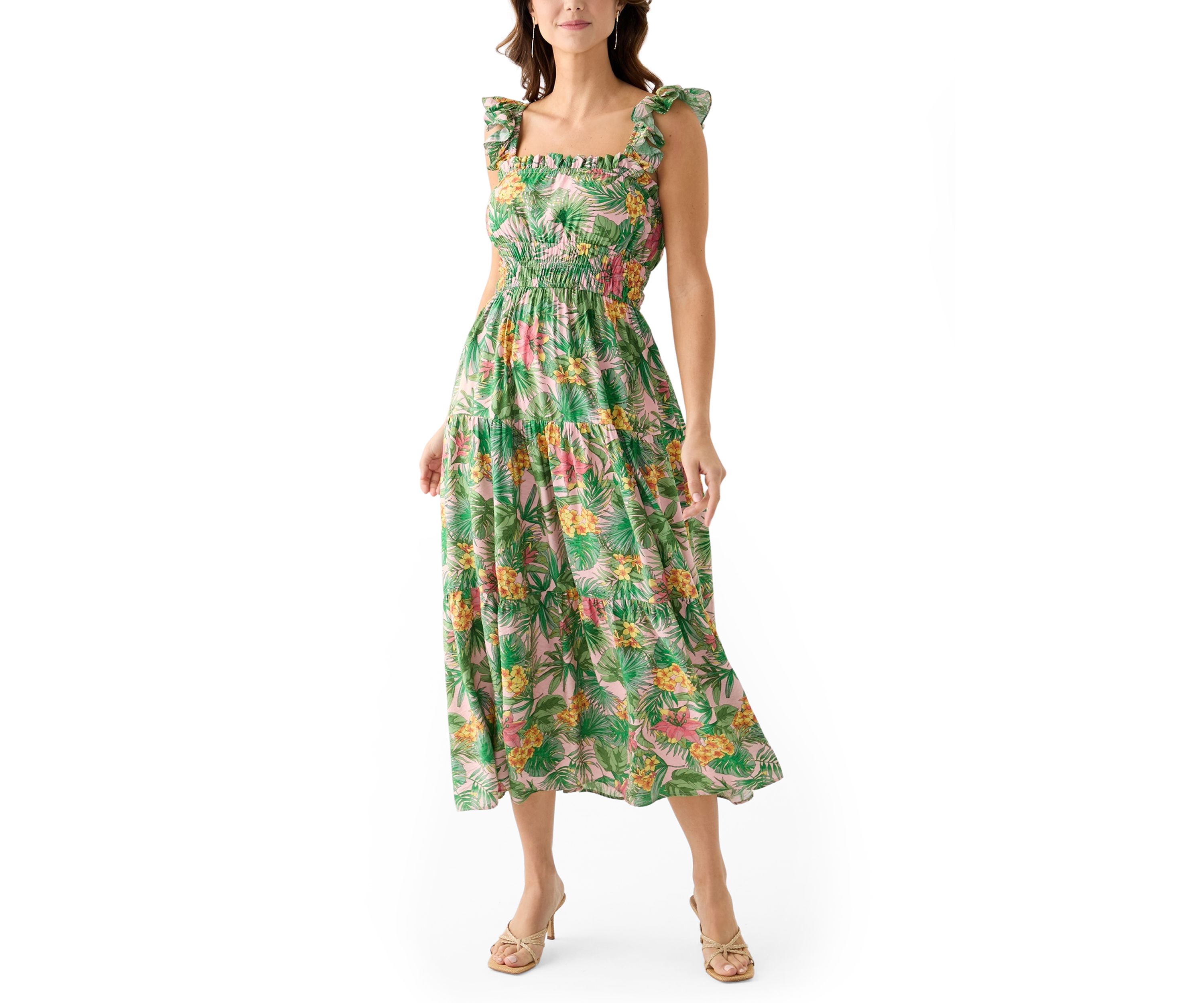 Womens Floral Printed Square Neck A-Line Dress