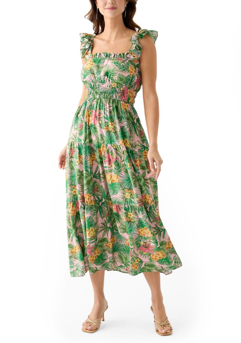 Womens Floral Printed Square Neck A-Line Dress