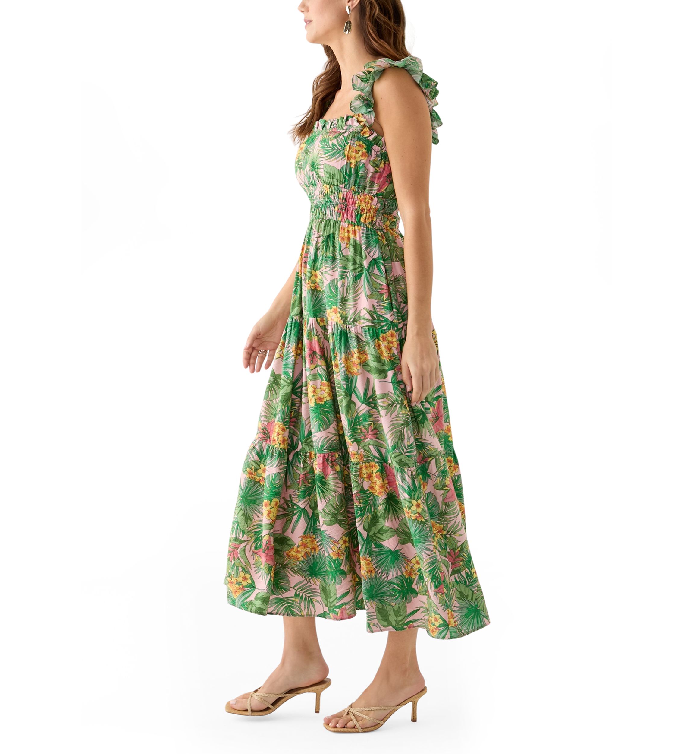 Womens Floral Printed Square Neck A-Line Dress
