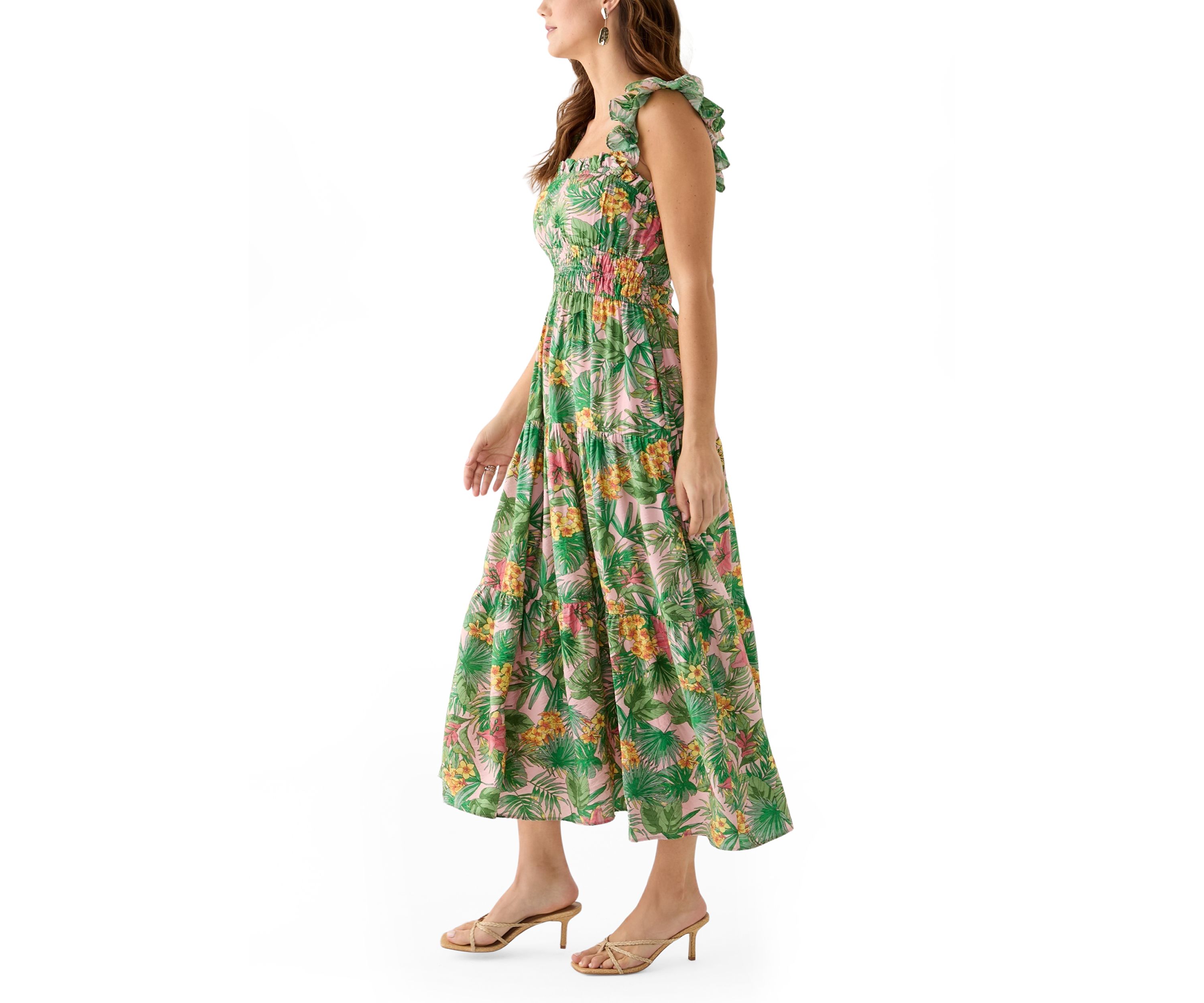 Womens Floral Printed Square Neck A-Line Dress