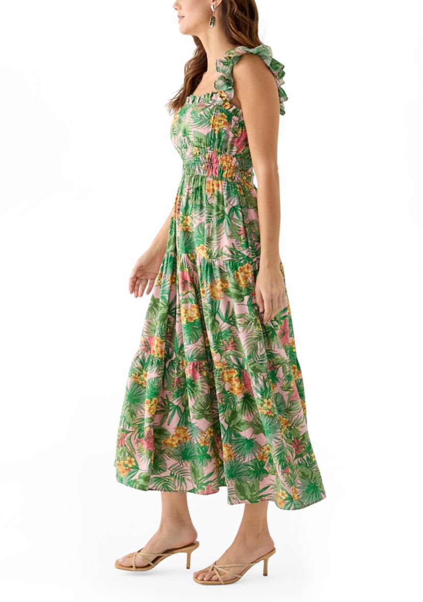 Womens Floral Printed Square Neck A-Line Dress