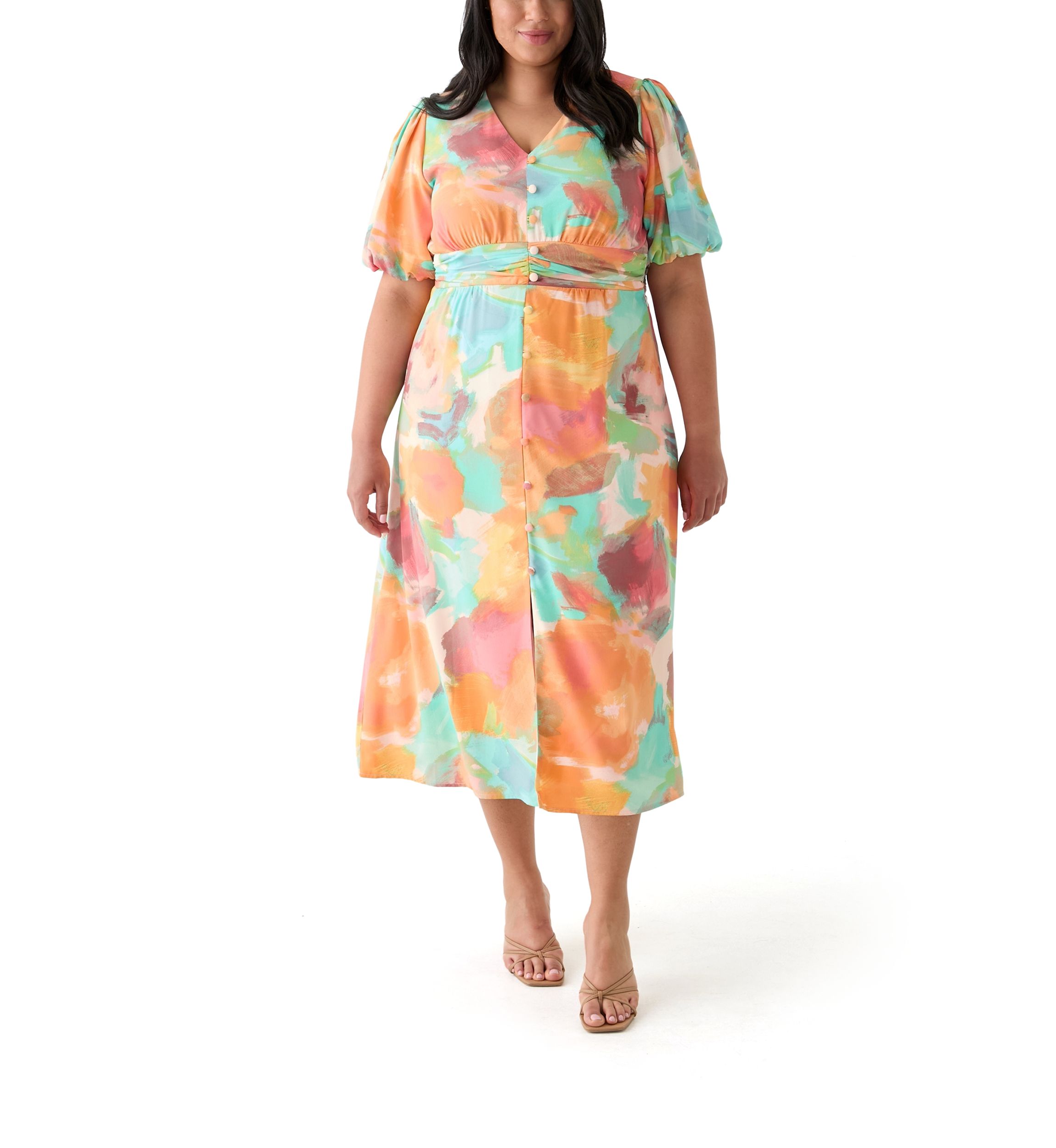 Plus Size Puff Sleeve V-Neck Printed Dress